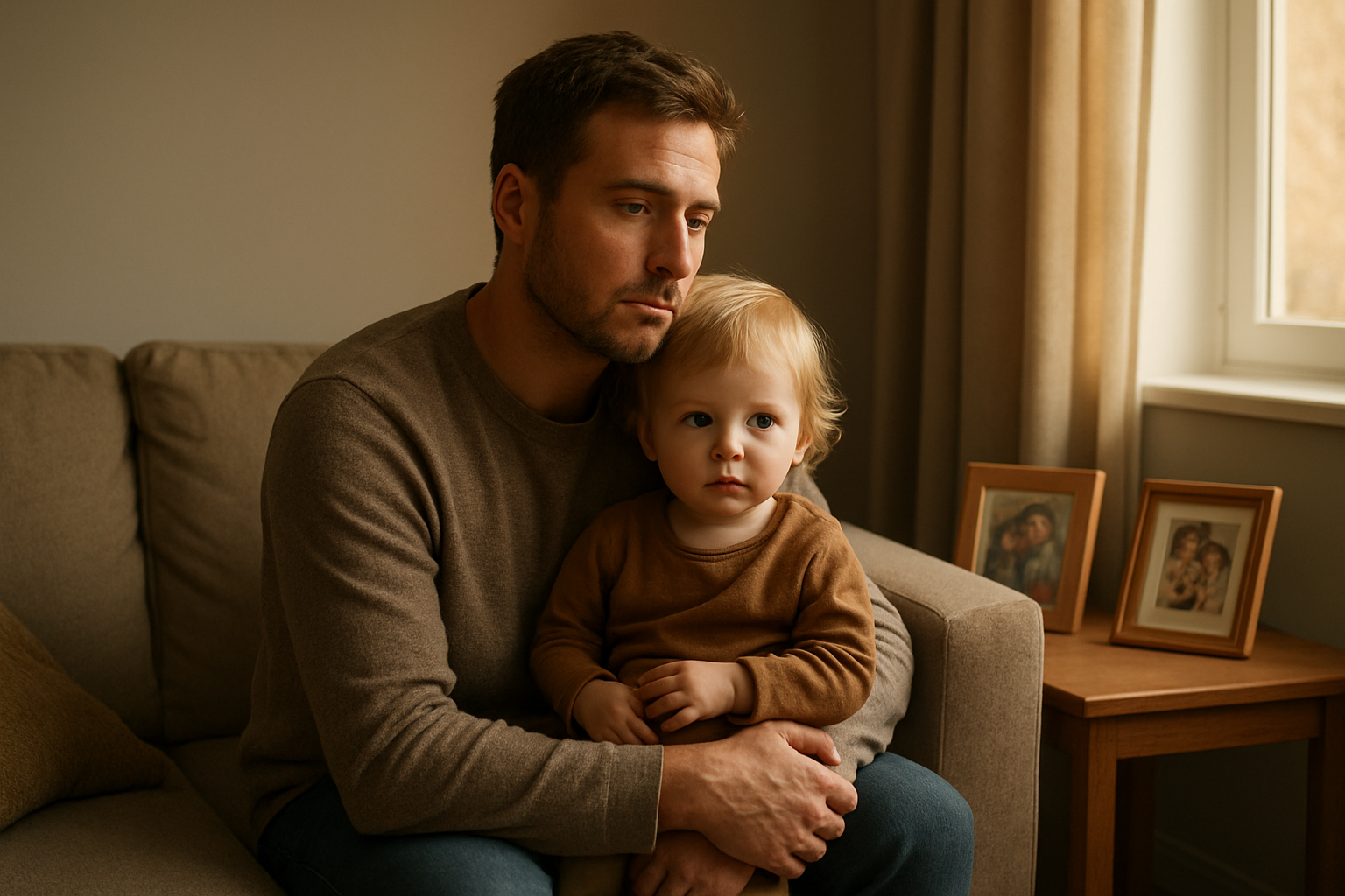 Create a realistic image of a white male father in his early 30s sitting on a comfortable couch in a modern living room, holding his young toddler on his lap while looking contemplative and peaceful, with warm natural lighting streaming through a nearby window, family photos visible on a side table, and soft earth-tone colors throughout the scene creating a sense of hope and emotional connection, with the father's expression showing quiet strength and vulnerability, absolutely NO text should be in the scene.