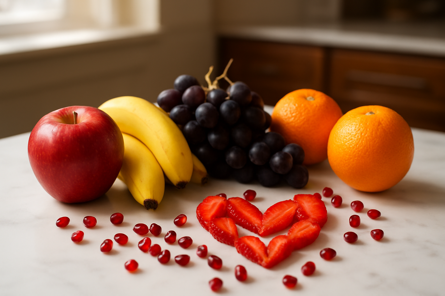 Create a realistic image of a vibrant assortment of heart-healthy fruits including fresh red apples, ripe bananas, deep purple grapes, bright orange oranges, and dark red pomegranate seeds scattered on a clean white marble countertop, with a subtle red heart-shaped symbol made from sliced strawberries naturally positioned among the fruits, soft natural lighting from a window creating gentle shadows, warm and inviting kitchen atmosphere in the background with blurred wooden cabinets, absolutely NO text should be in the scene.