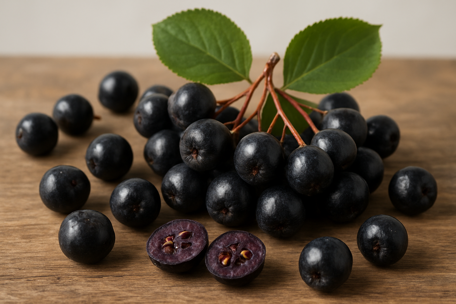Create a realistic image of fresh black chokeberries (Aronia melanocarpa) displayed on a rustic wooden surface, showing both individual berries and small clusters still attached to reddish stems with distinctive serrated green leaves, alongside a cross-section of cut berries revealing their dark purple interior and small seeds, with soft natural lighting highlighting the berries' deep black-purple color and slightly wrinkled skin texture, set against a clean neutral background that emphasizes the fruit's unique characteristics. Absolutely NO text should be in the scene.