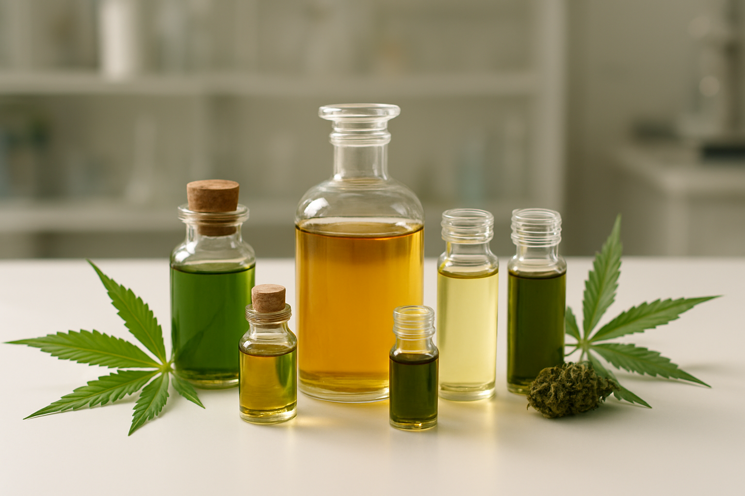 Create a realistic image of various hemp-derived compounds displayed as clear glass vials and small bottles containing different colored oils and extracts, arranged on a clean white laboratory table, with fresh green hemp leaves and hemp flowers scattered around the containers, soft natural lighting from above creating gentle shadows, scientific and educational atmosphere, modern laboratory background with blurred equipment, warm ambient lighting highlighting the golden and green tones of the hemp compounds, absolutely NO text should be in the scene.
