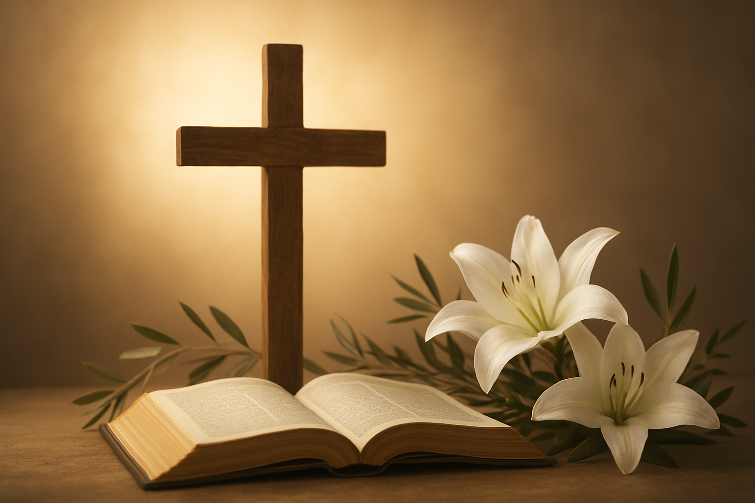 Create a realistic image of a wooden cross standing prominently in the center against a soft, warm golden light background, with an open Bible placed at the base of the cross showing pages gently fluttering in a light breeze, surrounded by a few white lilies and olive branches symbolizing peace and resurrection, with soft natural lighting creating a reverent and contemplative mood, absolutely NO text should be in the scene.