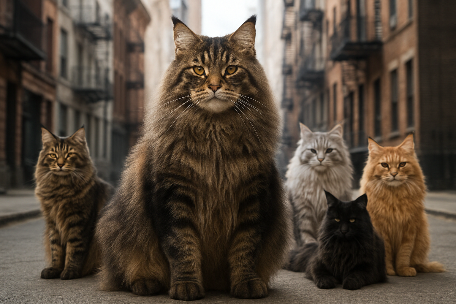 Create a realistic image of a massive Maine Coon cat named Rocco, significantly larger than typical house cats, sitting prominently in the foreground with several other large Maine Coon cats of various colors (brown tabby, silver, black, and orange) positioned around him in an urban New York setting, with blurred city buildings and fire escapes visible in the background, natural daylight illuminating the scene, the cats appearing relaxed and majestic with their characteristic long fluffy fur and tufted ears clearly visible, emphasizing their extraordinary size compared to the urban environment, absolutely NO text should be in the scene.