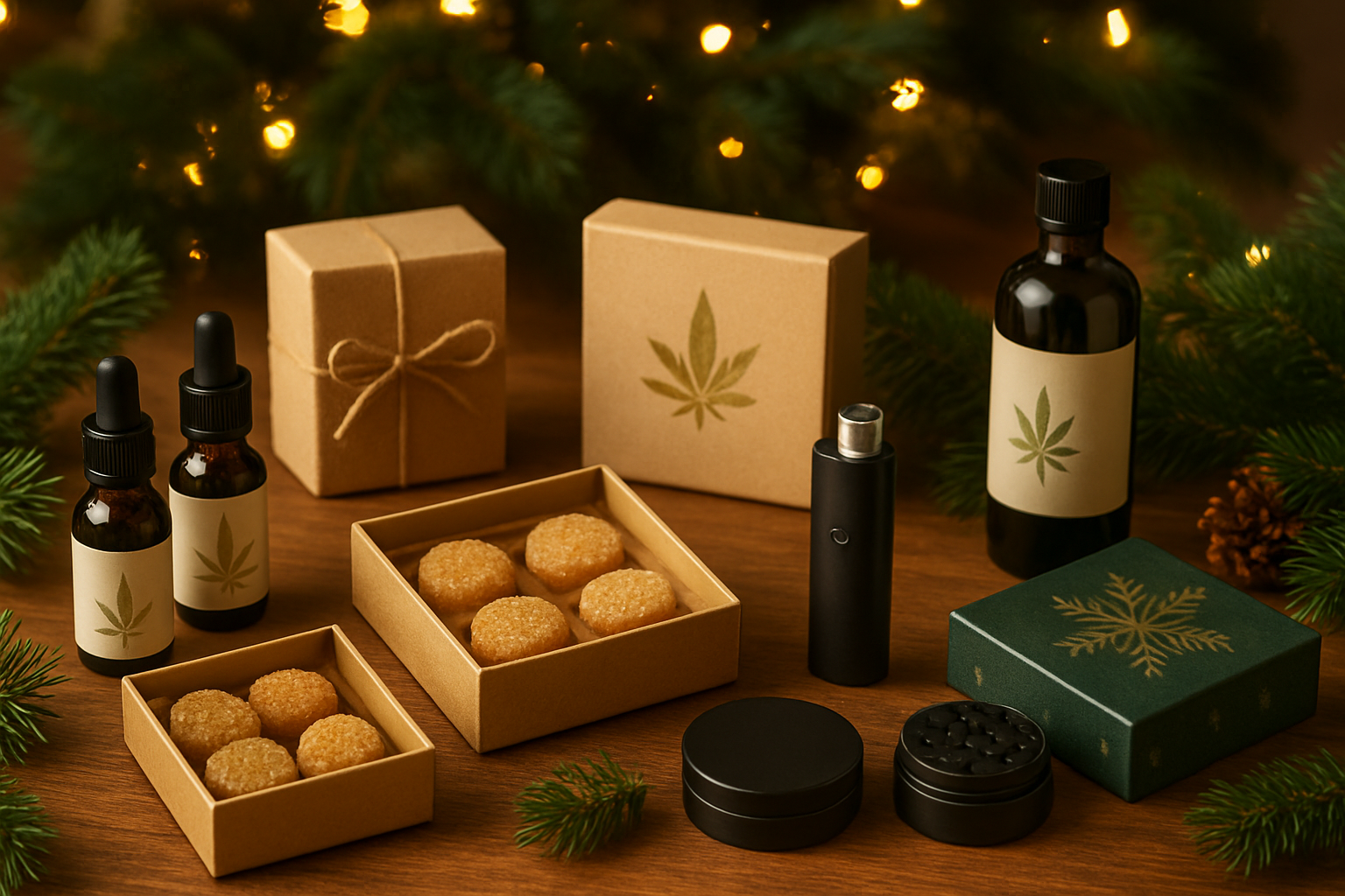 Create a realistic image of an elegant gift selection display featuring various cannabis products arranged on a wooden table, including beautifully packaged CBD oils, artisanal edibles in decorative boxes, cannabis accessories like grinders and vaporizers, and hemp-based wellness products, with festive holiday decorations like pine branches and warm golden lighting in the background, showcasing different gift options for various preferences and experience levels, absolutely NO text should be in the scene.