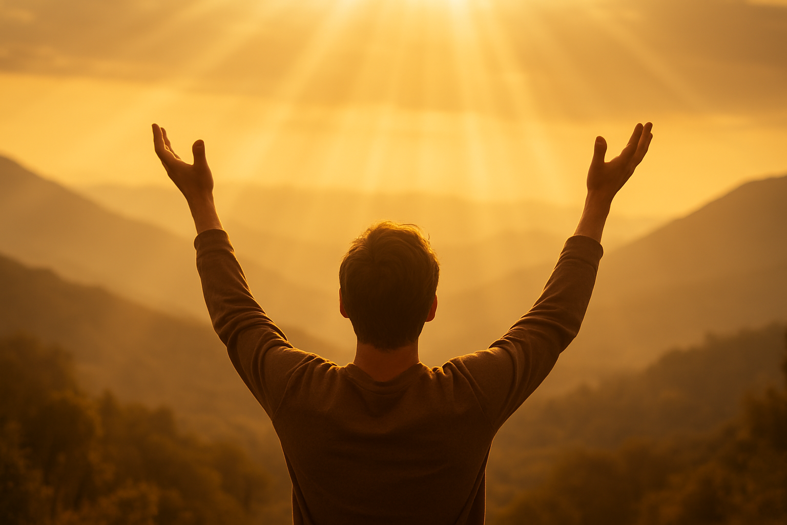 Create a realistic image of a person with hands raised upward in a gesture of offering or dedication, surrounded by warm golden light rays streaming down from above, with a serene mountainous landscape in the background during golden hour, conveying a sense of personal excellence, commitment, and spiritual fulfillment, with soft warm lighting creating an uplifting and inspirational atmosphere, absolutely NO text should be in the scene.