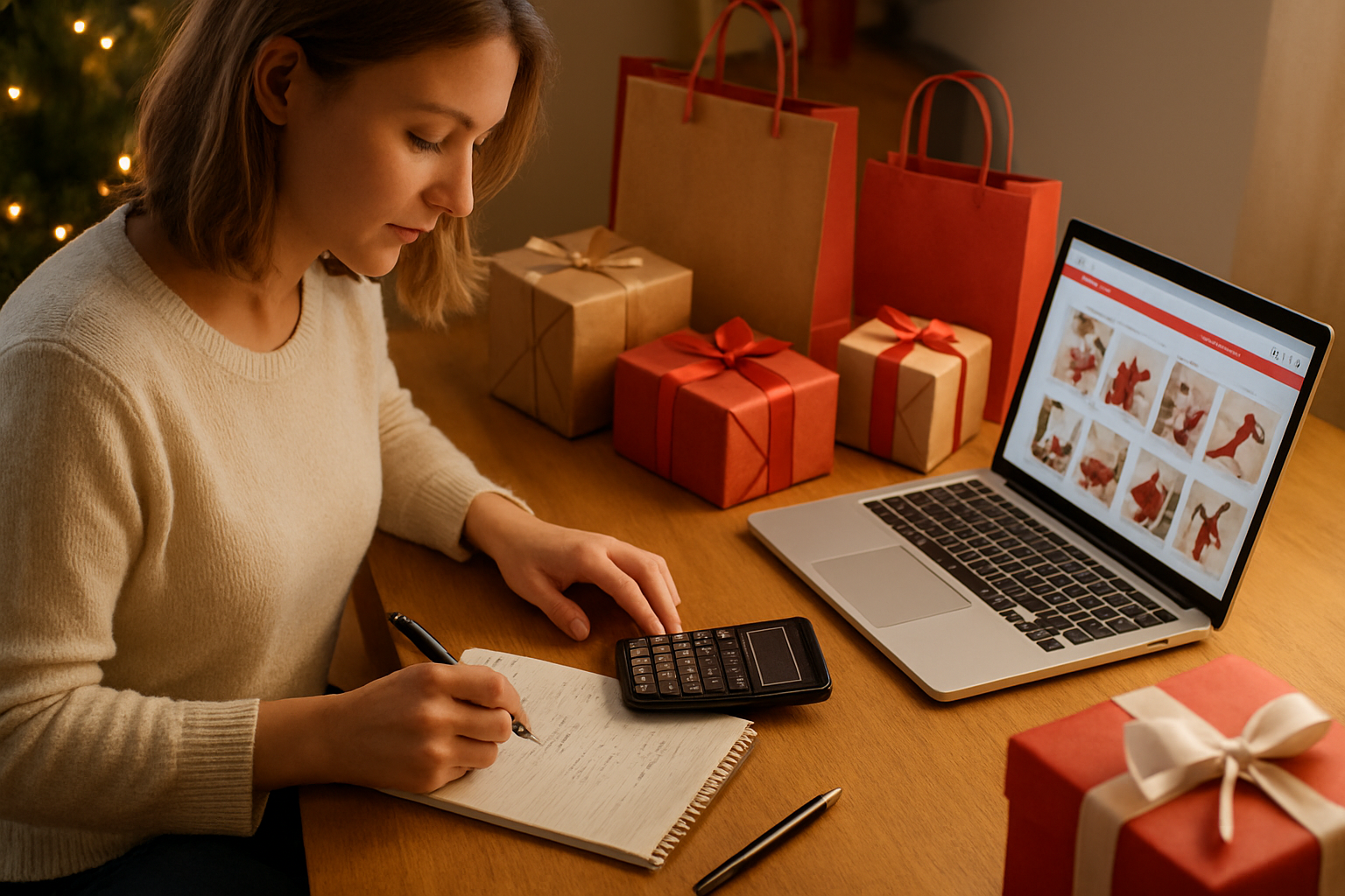 Create a realistic image of a white female sitting at a clean wooden desk with a calculator, pen, and notepad showing budget calculations, surrounded by Christmas shopping items like gift boxes, shopping bags, and a laptop displaying shopping websites, with warm indoor lighting creating a cozy planning atmosphere, shot from a slightly elevated angle to show the organized workspace, absolutely NO text should be in the scene.