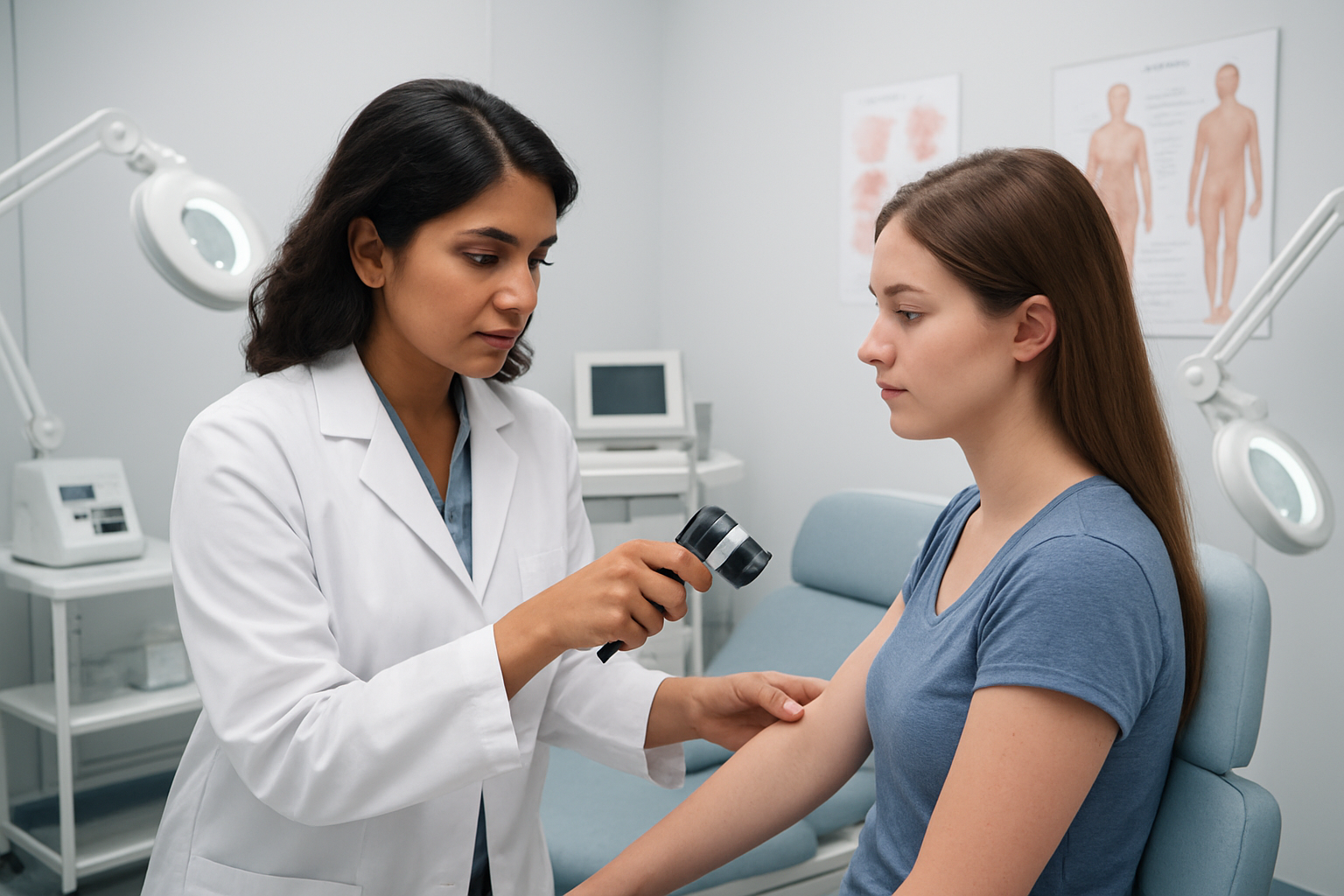 Create a realistic image of a modern dermatology clinic consultation room featuring a South Asian female dermatologist in a white coat examining a patient's skin using a dermatoscope, with the patient sitting on an examination chair, surrounded by professional skincare assessment tools including magnifying lamps, skin analysis equipment, and medical charts on the walls, bright clinical lighting, clean white and blue color scheme, professional medical atmosphere, absolutely NO text should be in the scene.