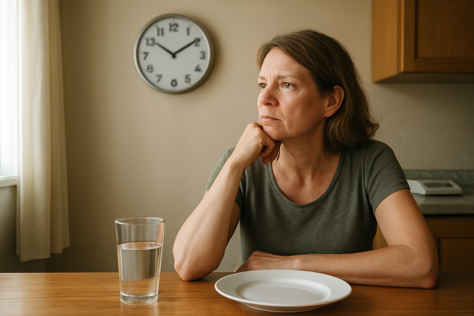 Create a realistic image of a determined middle-aged white female sitting at a kitchen table with a glass of water and an empty plate in front of her, looking thoughtfully at a wall clock showing meal time, with a digital scale visible on the counter behind her, natural morning lighting streaming through a window, conveying a sense of mindful patience and healthy determination, absolutely NO text should be in the scene.