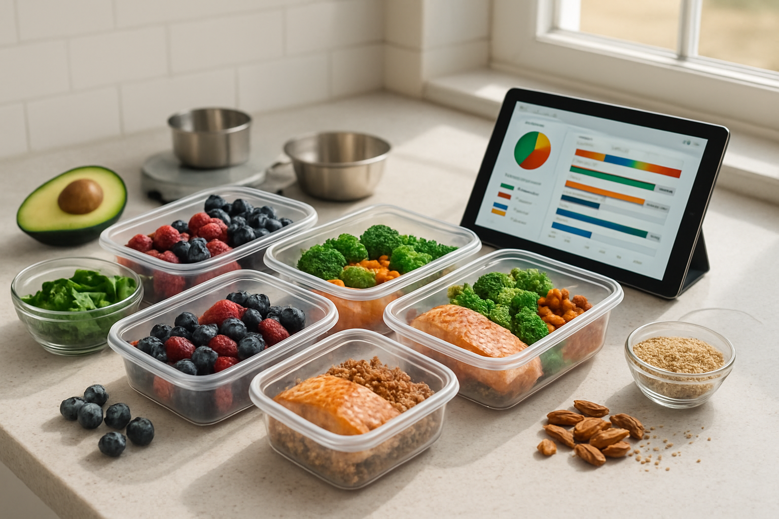 Create a realistic image of a modern kitchen counter with meal prep containers filled with colorful anti-aging foods like leafy greens, berries, salmon, nuts, and vegetables arranged in organized portions, alongside a digital tablet displaying a nutrition planning app, measuring cups, a food scale, and fresh ingredients like avocados, blueberries, and quinoa scattered around, with bright natural lighting from a window creating a clean, organized, health-focused atmosphere that conveys practical meal planning and nutritional strategy implementation, absolutely NO text should be in the scene.