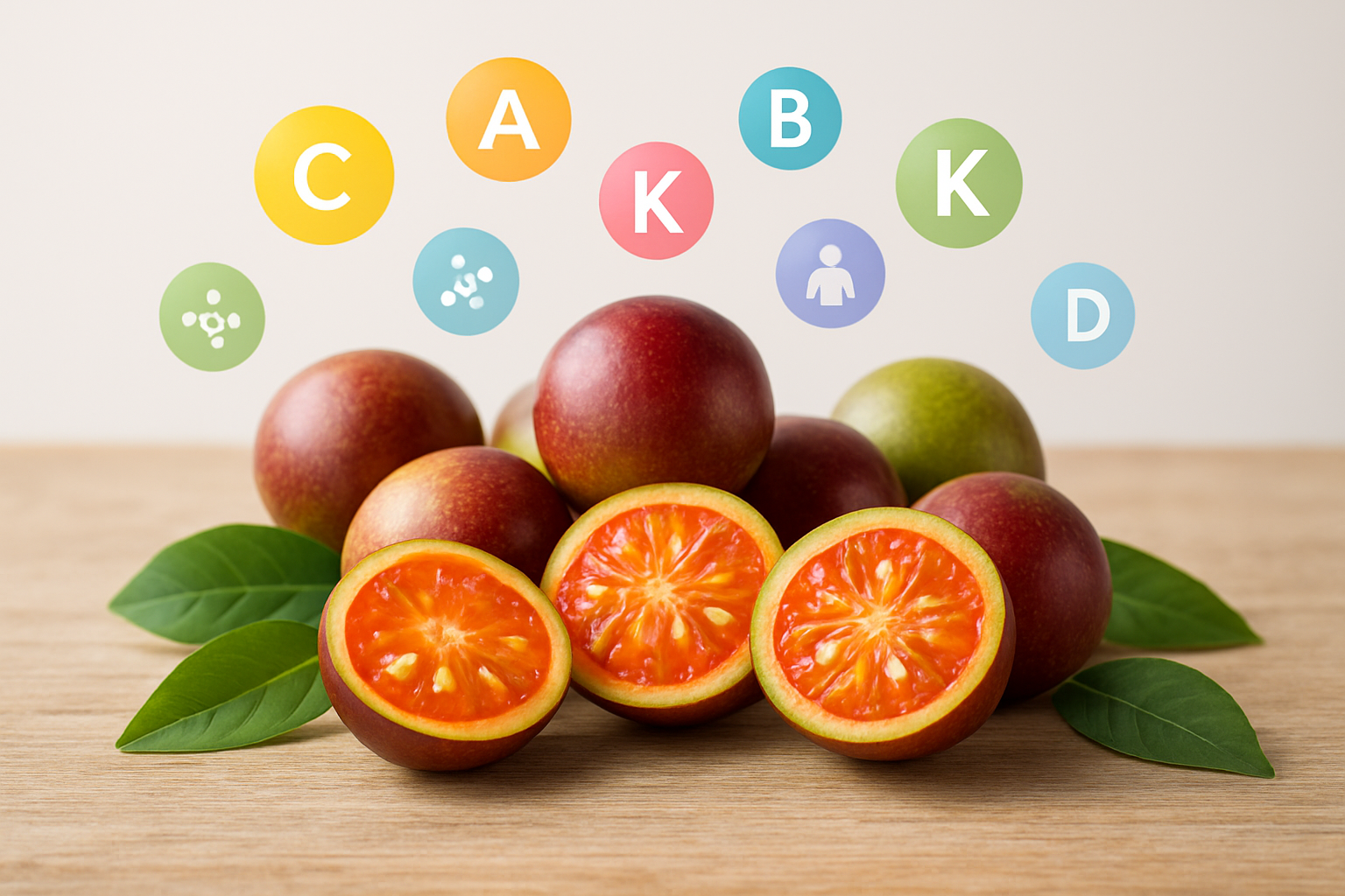 Create a realistic image of fresh camu camu fruits arranged on a wooden surface with cross-sectioned halves showing the bright orange-red flesh and seeds, surrounded by colorful vitamin symbols and nutritional icons floating subtly around the fruits, with fresh green leaves scattered nearby, soft natural lighting highlighting the vibrant colors and textures of the superfruit, clean white background creating a health-focused atmosphere that emphasizes the nutritional benefits, absolutely NO text should be in the scene.