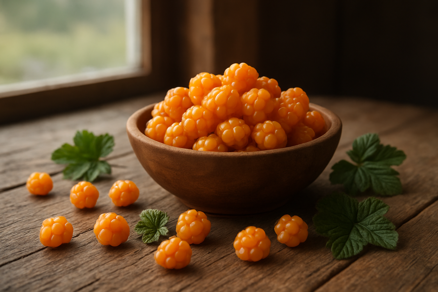 Create a realistic image of a wooden bowl filled with fresh golden-orange cloudberries sitting on a rustic wooden table, surrounded by scattered individual cloudberries and green cloudberry leaves, with a soft natural window light illuminating the scene from the left side, creating a warm and inviting atmosphere that suggests the completion of learning about these Nordic berries, with a blurred background showing hints of northern wilderness landscape through the window, absolutely NO text should be in the scene.