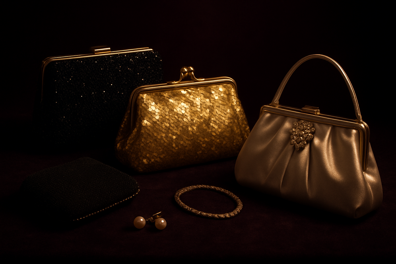Create a realistic image of an elegant collection of evening handbags including a black beaded clutch, a gold sequined purse, a silver metallic minaudière, and a satin evening bag with crystal details, artfully arranged on a luxurious dark velvet surface with soft dramatic lighting creating gentle shadows, complemented by subtle jewelry pieces like pearl earrings and a diamond bracelet nearby, set against a rich deep purple background with warm ambient lighting that emphasizes the glamorous textures and sophisticated materials of the formal accessories, absolutely NO text should be in the scene.