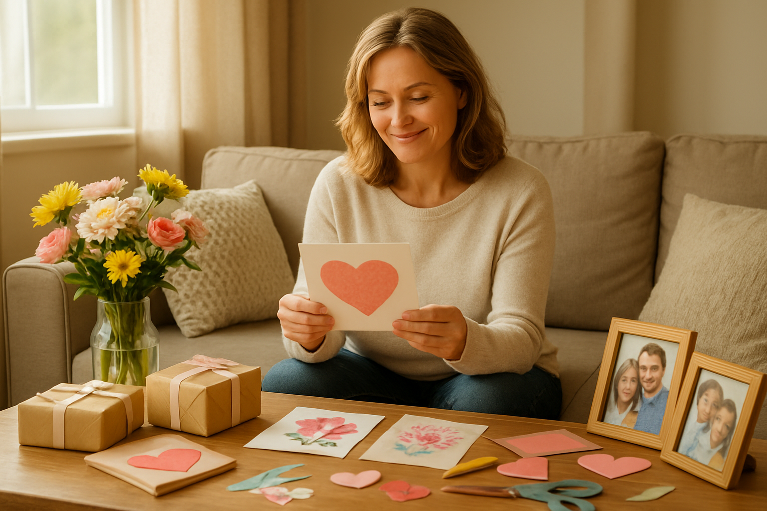 Create a realistic image of a warm, inviting living room scene with a white mother in her 40s sitting on a comfortable sofa surrounded by various Mother's Day celebration elements including handmade cards, fresh flowers in a vase, wrapped gifts, family photos, and craft supplies scattered on a coffee table, with soft natural lighting streaming through a window creating a cozy atmosphere that conveys love, appreciation, and thoughtful celebration, absolutely NO text should be in the scene.