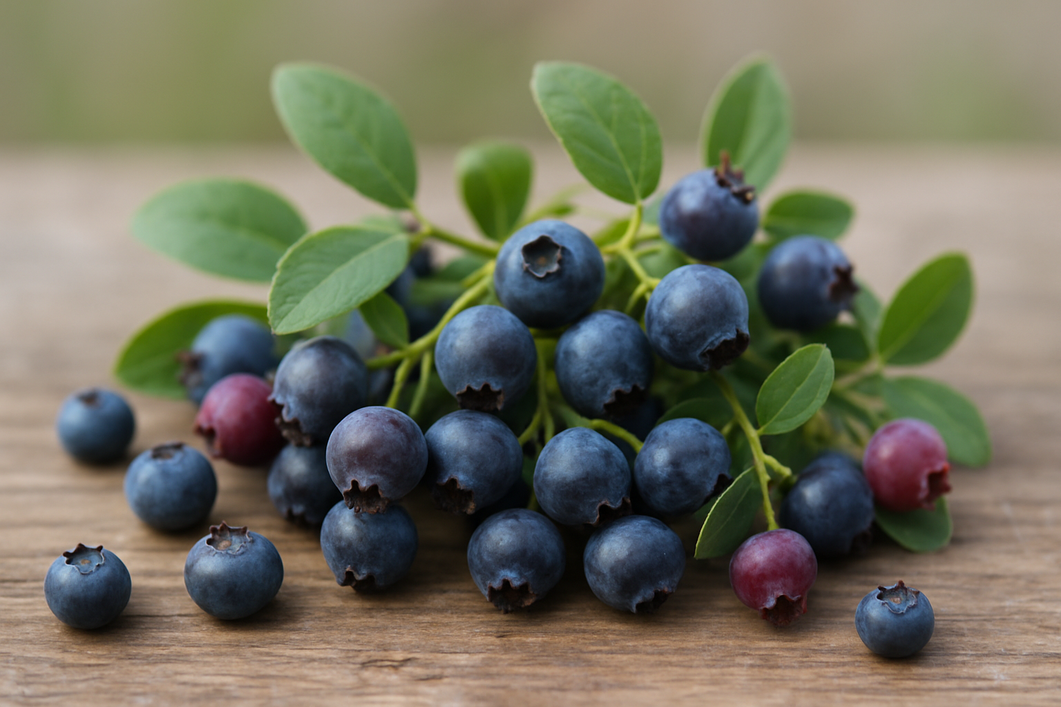 Create a realistic image of fresh huckleberries in their natural state, showcasing a mix of ripe dark purple-blue berries and some red unripe ones still attached to green leafy branches, arranged on a rustic wooden surface with some scattered individual berries displaying their distinctive crown-shaped tops and small size compared to regular blueberries, captured in soft natural lighting that highlights the berries' waxy bloom and unique characteristics, with a clean blurred background that emphasizes the botanical details, absolutely NO text should be in the scene.
