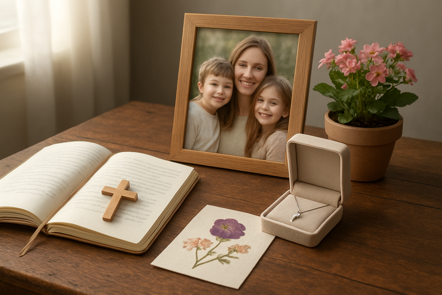 Create a realistic image of a beautifully arranged collection of meaningful Christian Mother's Day gifts on a rustic wooden table, including a handwritten prayer journal with a cross bookmark, a framed family photo showing a white mother with her children, a small potted flowering plant symbolizing growth and blessings, a delicate cross necklace in an open jewelry box, and a handmade card with pressed flowers, all bathed in soft natural lighting from a nearby window creating a warm and blessed atmosphere, absolutely NO text should be in the scene.