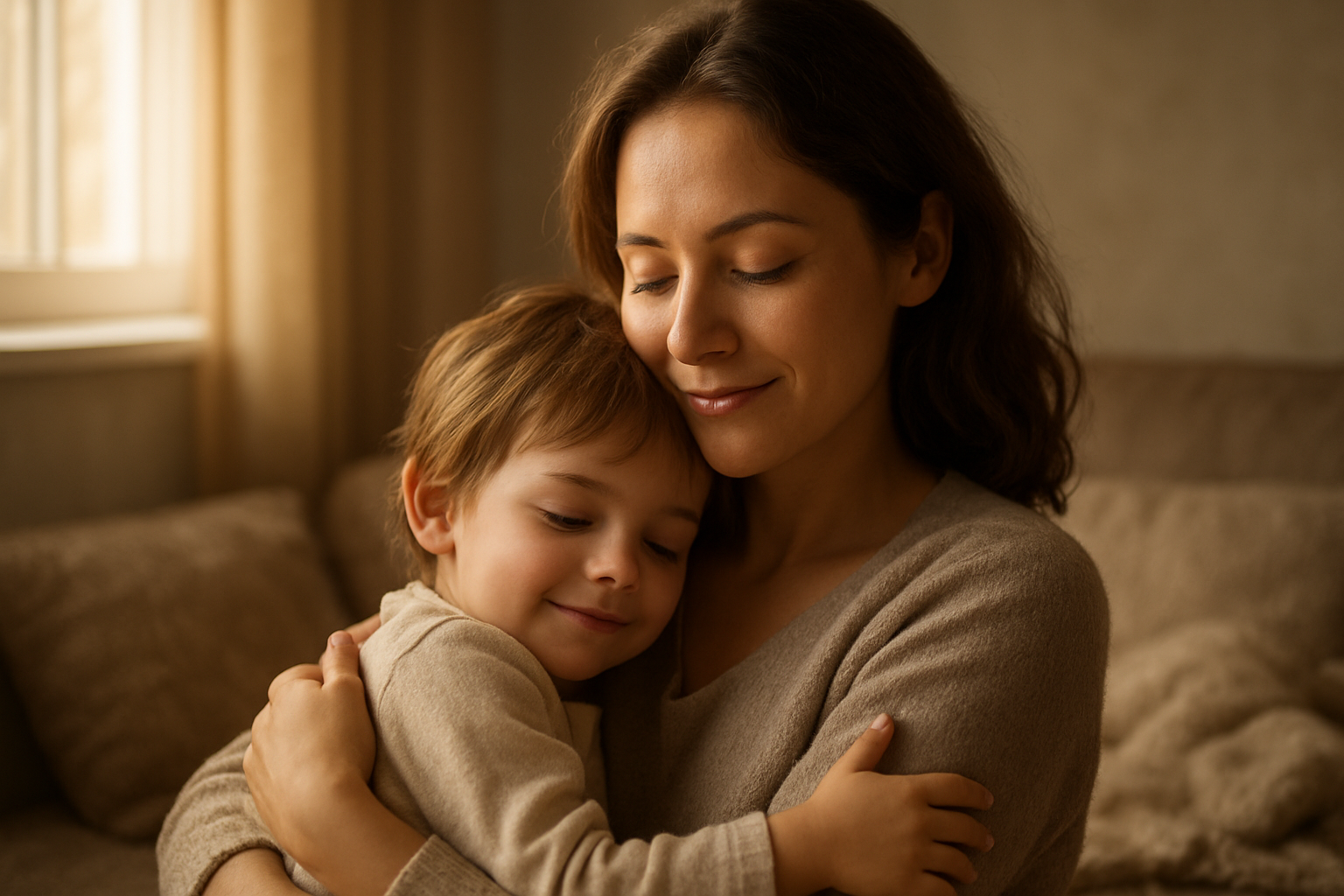 Create a realistic image of a loving mother with warm brown eyes gently embracing her young child, both showing peaceful, content expressions, soft natural lighting streaming through a window creating a warm golden glow, cozy home interior with soft textures like blankets or cushions in the background, tender moment capturing pure affection and comfort, gentle and serene mood emphasizing emotional connection and safety, absolutely NO text should be in the scene.
