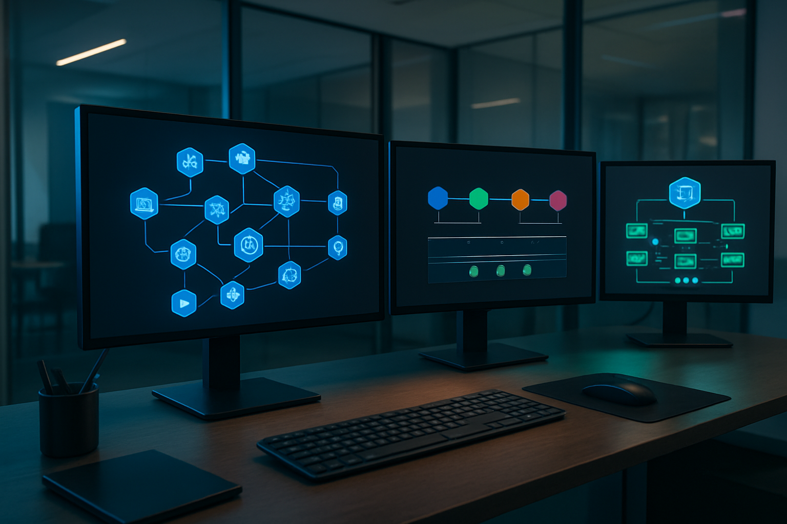 Create a realistic image of a modern software development workspace showing the integration of Kubernetes into a DevOps pipeline, featuring multiple computer monitors displaying colorful pipeline diagrams with connected nodes and workflow arrows, container orchestration visualizations with interconnected pods and services, deployment automation dashboards with green status indicators, a sleek desk setup with keyboards and modern hardware, subtle blue and green accent lighting reflecting off the screens, clean minimalist office environment with glass walls and contemporary furniture, professional atmosphere with soft ambient lighting, and a focus on the seamless flow of development processes. Absolutely NO text should be in the scene.