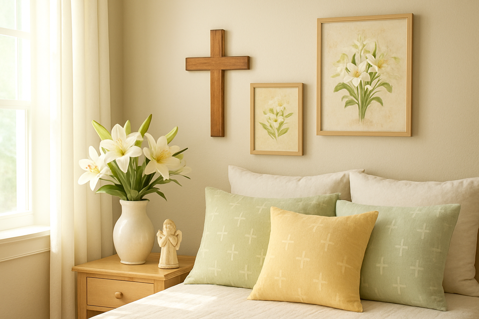 Create a realistic image of a teenager's bedroom showcasing beautiful Christian Easter-themed home decor and accessories, featuring a wooden cross on the wall, decorative Easter lilies in a vase, inspirational Christian wall art with scripture verses, pastel-colored throw pillows with subtle cross patterns on a bed, a small decorative angel figurine on a nightstand, soft natural lighting streaming through a window, warm and peaceful atmosphere with spring colors of soft yellows, whites, and light greens, absolutely NO text should be in the scene.