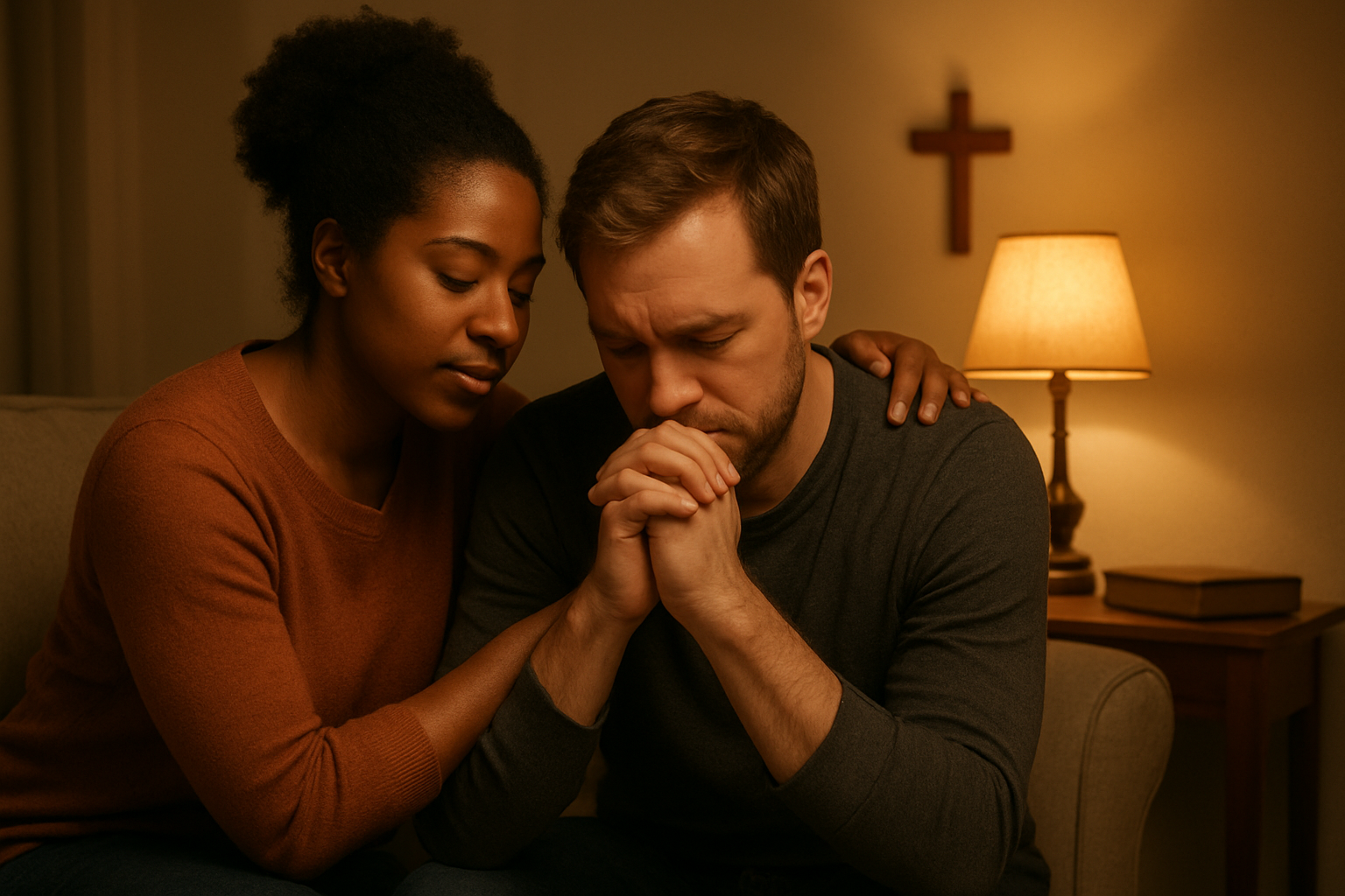 Create a realistic image of a warm, softly lit scene showing a diverse couple - a black woman and white man - sitting close together on a comfortable couch, with the woman gently comforting the man who appears to be going through a difficult moment, surrounded by soft golden lighting from a nearby lamp creating a hopeful atmosphere, with subtle religious elements like a cross or bible visible in the background, conveying emotional support and spiritual strength during challenging times. Absolutely NO text should be in the scene.
