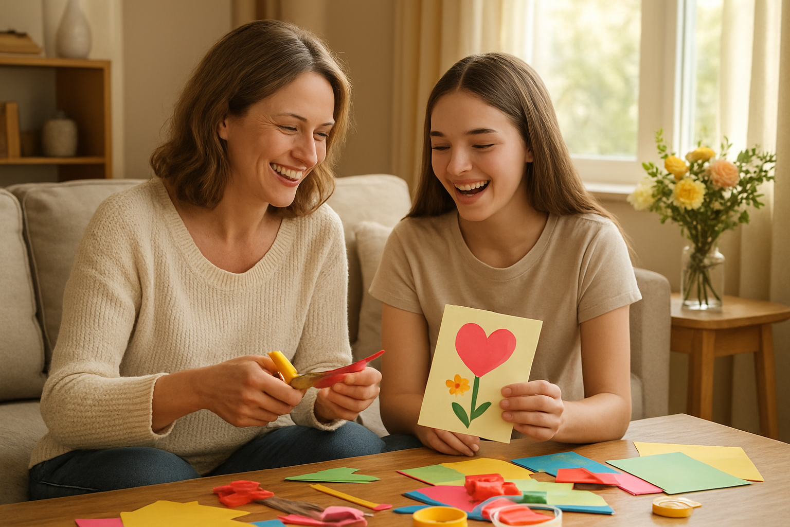 Create a realistic image of a cozy living room scene showing a white mother and her teenage daughter engaging in joyful home activities together, with craft supplies scattered on a coffee table including colorful paper, scissors, and ribbons, a homemade card visible among the materials, fresh flowers in a vase on a side table, warm natural lighting streaming through windows, comfortable seating with soft cushions, and a peaceful, loving atmosphere that captures the essence of meaningful Mother's Day celebration at home, absolutely NO text should be in the scene.