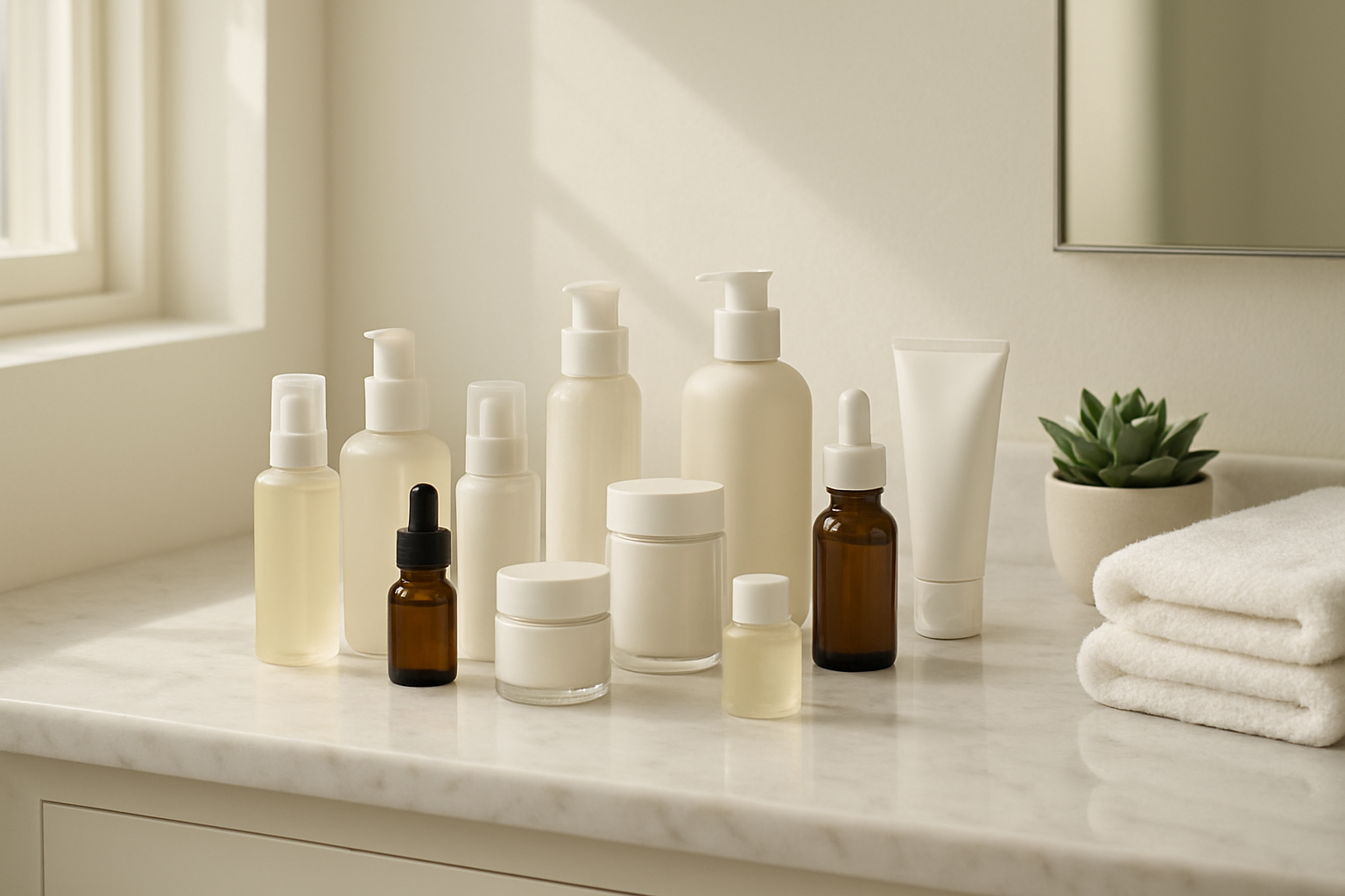 Create a realistic image of a clean, organized bathroom vanity with an elegant marble countertop displaying a carefully curated collection of skincare products including serums, moisturizers, cleansers, and treatment bottles of varying sizes from both luxury and affordable brands, with soft natural lighting streaming through a nearby window creating gentle shadows, surrounded by fresh white towels and a small potted succulent plant, conveying a sense of completion and satisfaction with a well-rounded skincare routine, shot from a slightly elevated angle to showcase the product arrangement, with a minimalist white and neutral color palette that feels fresh and spa-like, absolutely NO text should be in the scene.