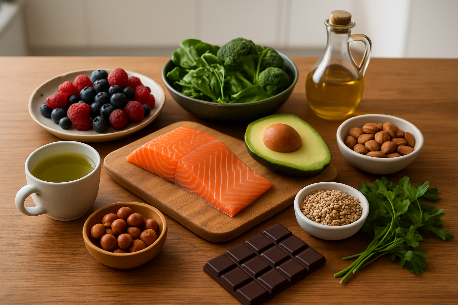 Create a realistic image of a vibrant overhead view of a wooden dining table showcasing an abundance of longevity-promoting foods including colorful berries, leafy green vegetables, salmon, nuts, seeds, avocados, olive oil in a glass bottle, dark chocolate, green tea in a ceramic cup, and fresh herbs, all artfully arranged on natural wooden cutting boards and ceramic plates, with soft natural lighting streaming from the side creating gentle shadows, conveying a sense of health, vitality and wellness, with a clean minimalist kitchen background slightly blurred, absolutely NO text should be in the scene.