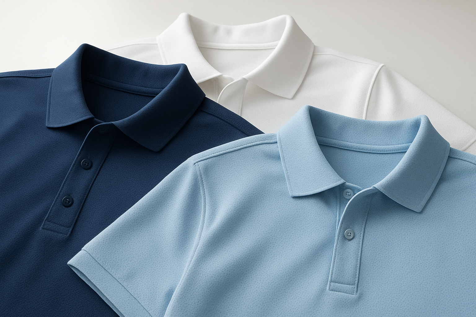 Create a realistic image of a close-up view of modern polo shirts showcasing advanced fabric technology and comfort features, with soft breathable cotton-blend materials in various colors including navy, white, and light blue, displaying detailed texture of moisture-wicking fabric, flexible collar construction, and smooth seams, arranged on a clean white surface with soft natural lighting that highlights the premium quality and comfort-focused design elements, creating a fresh and inviting atmosphere that emphasizes modern textile innovation. Absolutely NO text should be in the scene.