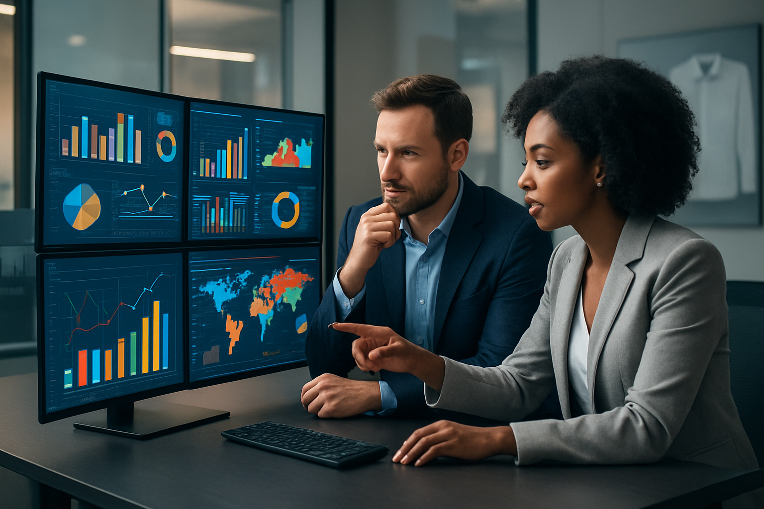 Create a realistic image of a modern retail analytics dashboard displayed on multiple large monitors showing colorful data visualizations, charts, and graphs with retail metrics, positioned on a sleek desk in a contemporary office environment with a white male business executive and a black female data analyst reviewing the analytics together, surrounded by subtle retail-themed elements like shopping cart icons and product imagery in the background, professional lighting illuminating the workspace, conveying a strategic and technology-focused atmosphere, absolutely NO text should be in the scene.