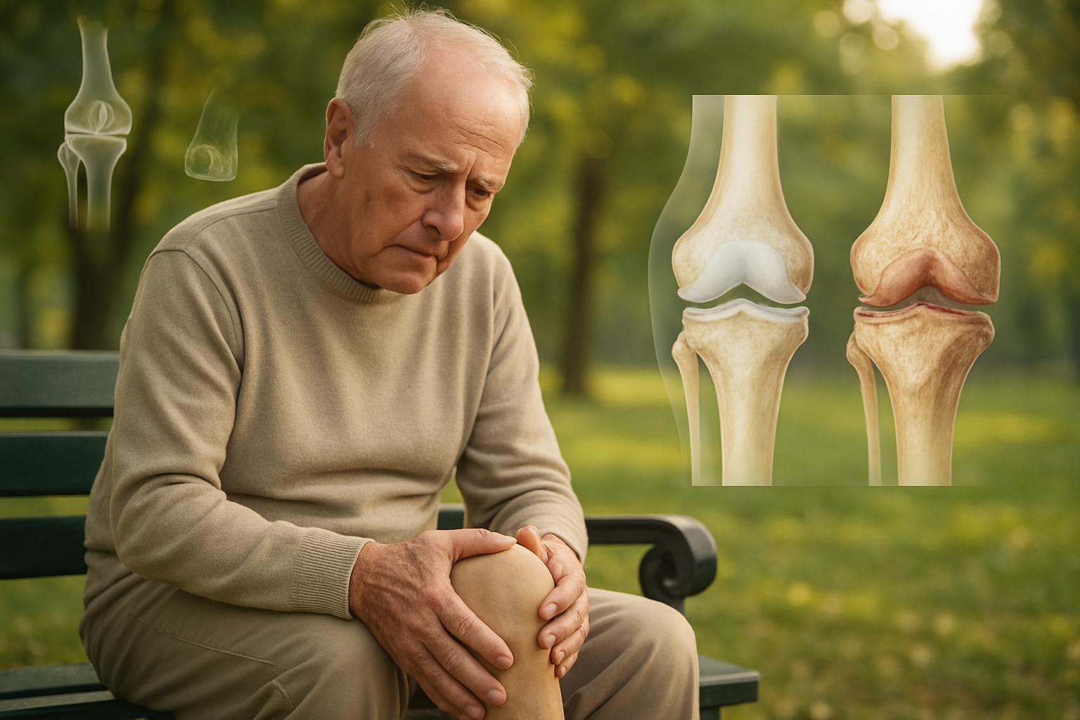 Create a realistic image of an elderly white male in his 70s sitting on a park bench examining his knee joint with a concerned expression, with a subtle split-screen effect showing a cross-section view of healthy cartilage on one side and worn cartilage on the other side, set in a peaceful park environment with soft natural lighting, complemented by medical illustration elements like bone and joint diagrams floating translucently in the background, conveying the connection between aging and joint deterioration in a thoughtful, educational manner, absolutely NO text should be in the scene.