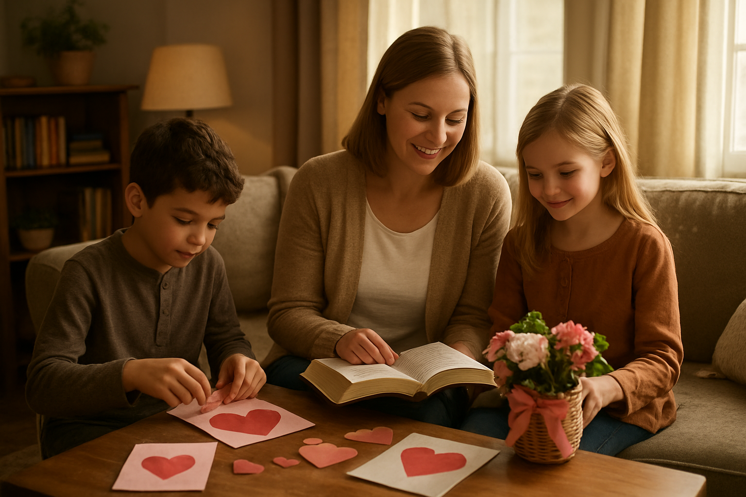 Create a realistic image of a warm family gathering in a cozy living room where a white mother and her children of mixed ages are engaged in Christian-themed Mother's Day activities, including making handmade cards with heart decorations, reading from a Bible together, and preparing a small gift basket with flowers, with soft natural lighting streaming through windows, creating a peaceful and loving atmosphere that emphasizes family bonding and faith-based celebration, absolutely NO text should be in the scene.
