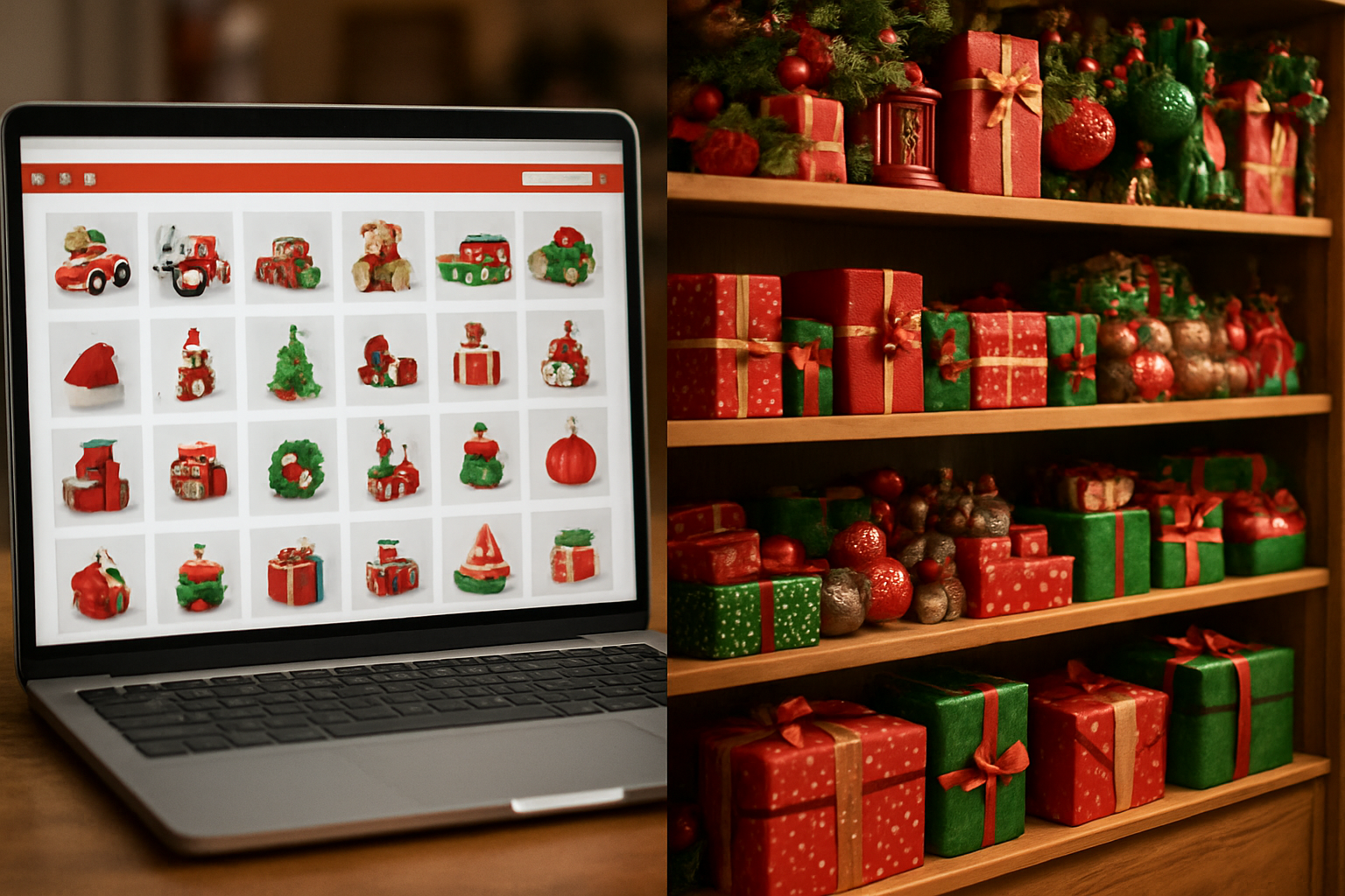 Create a realistic image of a split-screen comparison showing abundant product selection, with the left side displaying a computer screen showing an online Christmas shopping website with endless scrolling product grids of toys, electronics, and holiday gifts, and the right side showing physical store shelves fully stocked with neatly arranged Christmas merchandise including wrapped presents, ornaments, and seasonal items, both sides featuring vibrant holiday colors of red and green, warm indoor lighting that emphasizes the abundance and variety of available products, creating an atmosphere that highlights the extensive selection options available through both shopping methods, absolutely NO text should be in the scene.