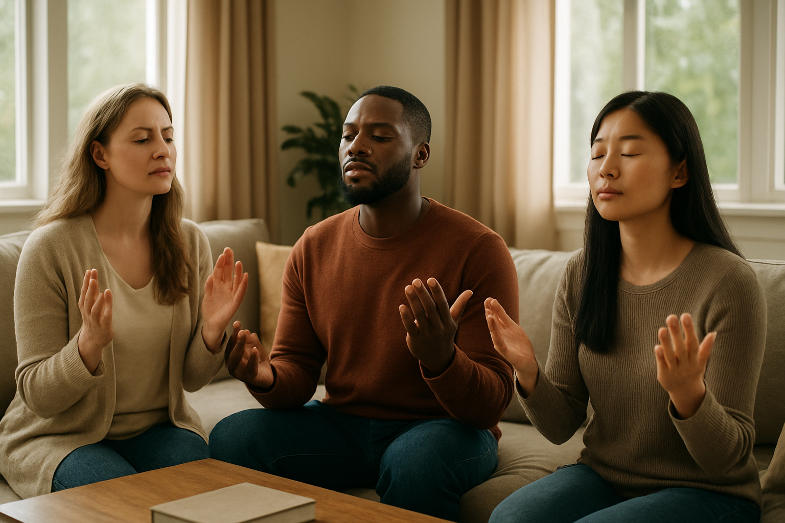 Create a realistic image of a peaceful indoor scene showing a diverse group of people in a modern living room with their eyes gently closed and hands raised in worship, including a white female, black male, and Asian female, with soft natural lighting streaming through large windows, creating a serene atmosphere of mindful prayer and praise, featuring comfortable seating, warm earth tones, and a sense of spiritual tranquility and reverence, absolutely NO text should be in the scene.