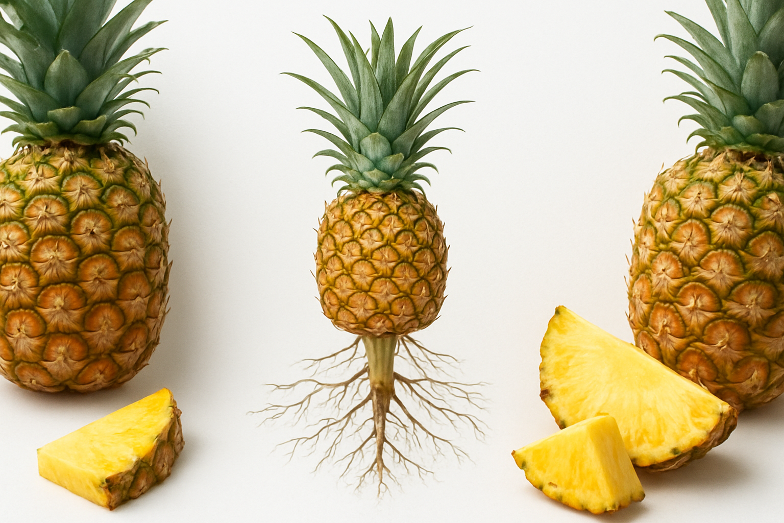 Create a realistic image of a pineapple plant cross-section diagram showing the botanical structure with the crown of spiky green leaves at top, the rough diamond-patterned golden-brown fruit in the middle, and the root system at bottom, displayed against a clean white scientific background with natural lighting, alongside fresh whole pineapples and cut pineapple segments showing the internal flesh structure, arranged in an educational botanical study layout. Absolutely NO text should be in the scene.