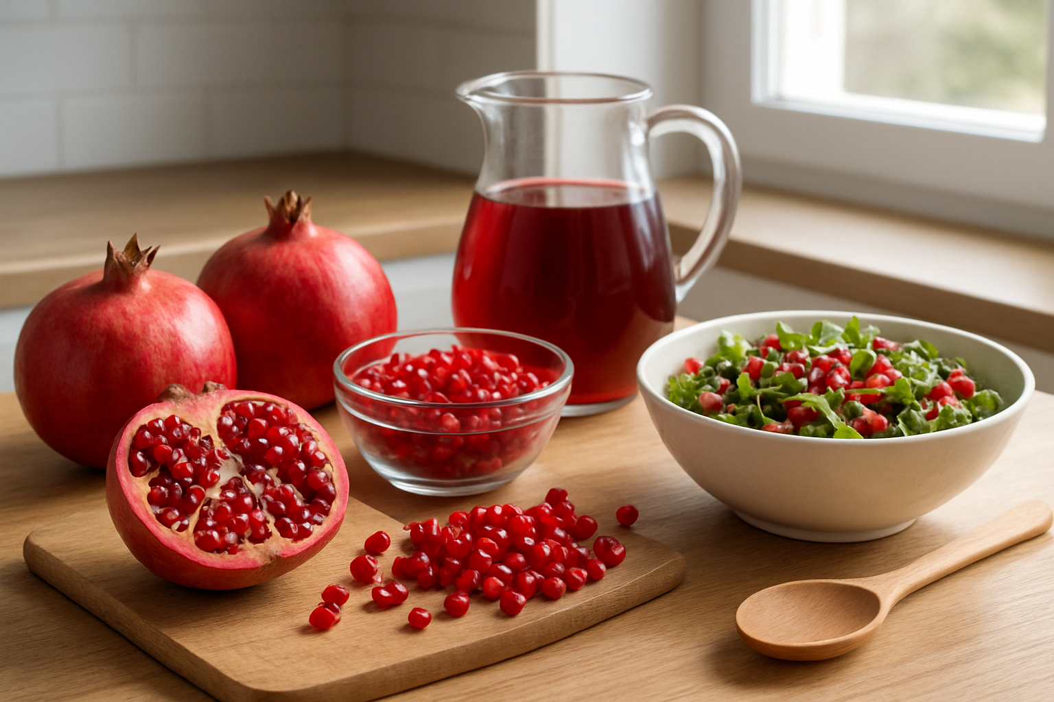 Create a realistic image of a kitchen counter scene showing various culinary uses of pomegranates, featuring fresh whole pomegranates, a halved pomegranate revealing ruby red arils, a bowl filled with extracted pomegranate seeds, pomegranate juice in a glass pitcher, pomegranate arils sprinkled on a salad, and kitchen preparation tools like a wooden spoon and cutting board, set against a clean modern kitchen background with natural lighting from a window, absolutely NO text should be in the scene.
