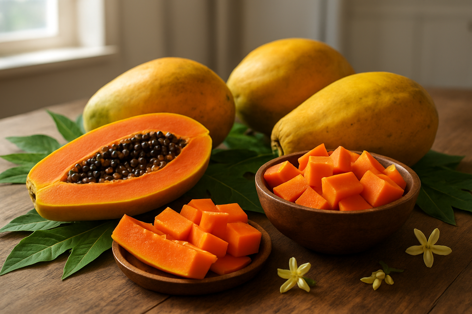 Create a realistic image of a beautifully arranged display showcasing the complete papaya journey, featuring whole ripe papayas with golden-yellow skin, halved papayas revealing bright orange flesh with black seeds, neatly sliced papaya pieces, and papaya cubes in a wooden bowl, alongside fresh papaya leaves and small papaya flowers, arranged on a rustic wooden table with soft natural lighting from a window, creating warm shadows and highlights that emphasize the vibrant colors and textures of this tropical superfruit, with a clean kitchen or dining room background that suggests both the natural origins and culinary applications of papaya, absolutely NO text should be in the scene.