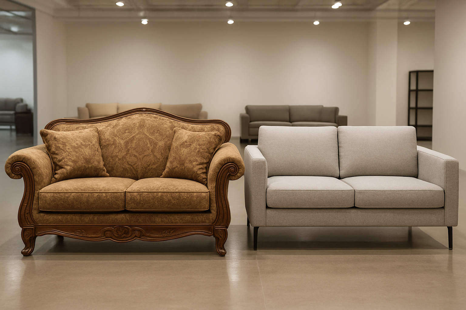 Create a realistic image of a modern furniture showroom displaying a side-by-side comparison of two different sofa styles, with a classic traditional sofa featuring ornate details, curved arms, and rich fabric upholstery on the left side, and a contemporary modern sofa with clean lines, minimalist design, and sleek fabric on the right side, both sofas positioned on polished floors under bright showroom lighting, with neutral background walls and professional furniture display setup, emphasizing the contrast between classical elegance and modern simplicity in furniture design, absolutely NO text should be in the scene.