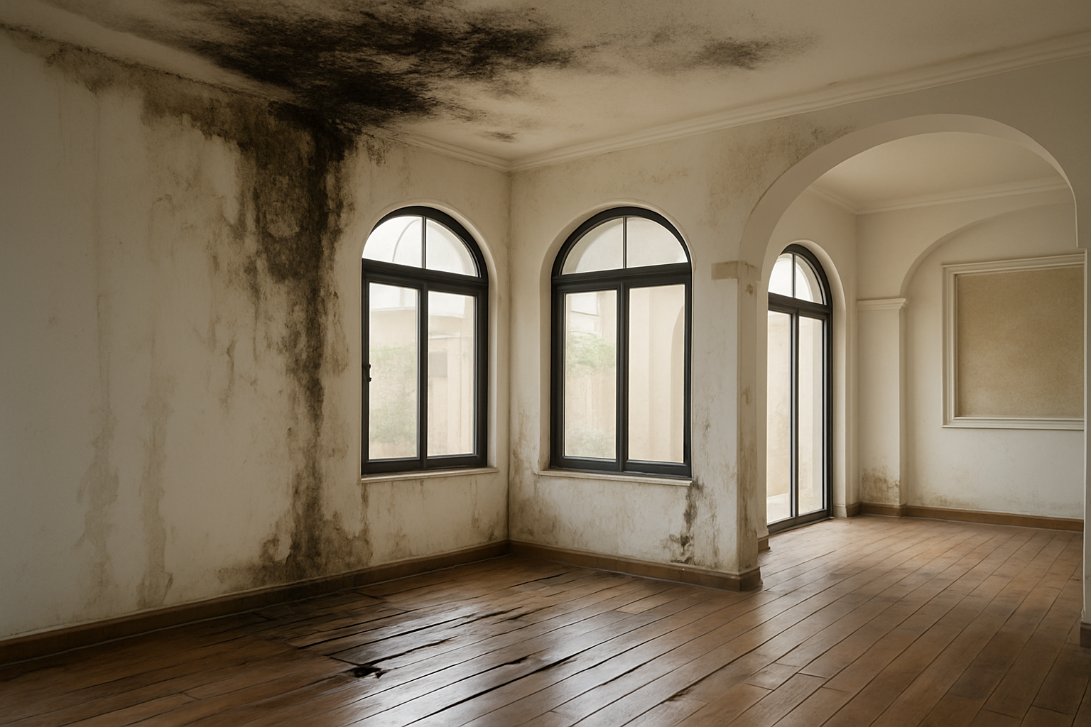Create a realistic image of water damage in a modern UAE residential interior showing visible water stains on white walls, peeling paint, dark mold patches spreading across the ceiling, damaged wooden flooring with warped planks, and moisture seeping through wall joints, set in a bright living room with contemporary Middle Eastern architectural elements, natural daylight filtering through windows revealing the extent of the moisture damage, absolutely NO text should be in the scene.