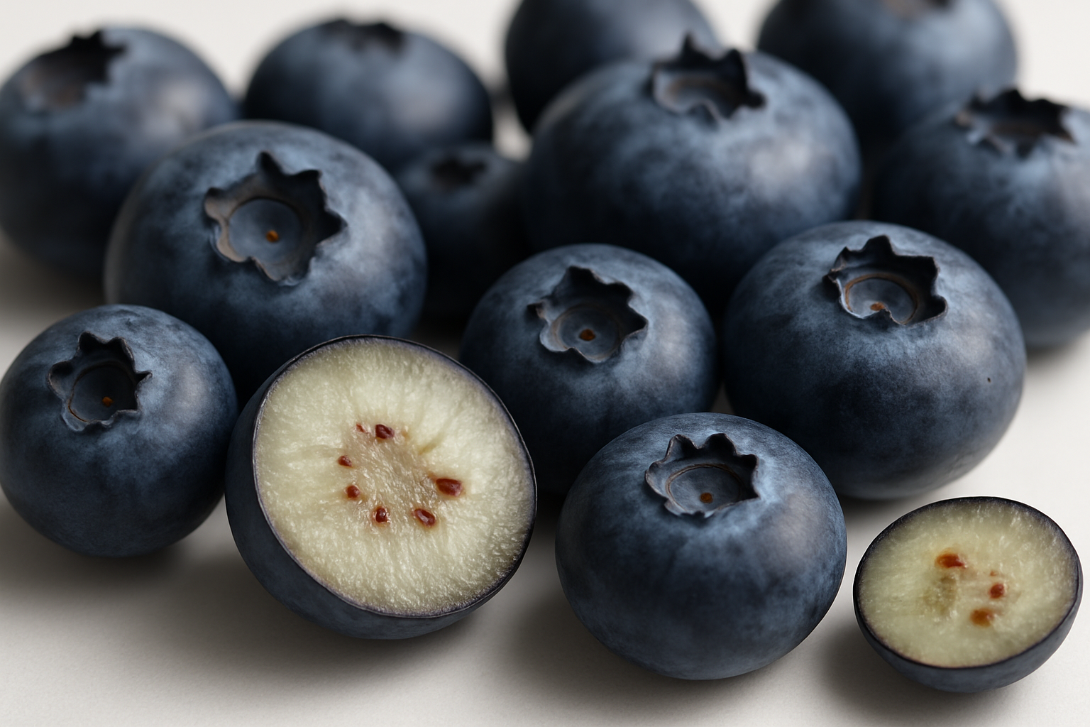 Create a realistic image of fresh blueberries in extreme close-up detail showing their unique physical characteristics including the distinctive crown-shaped calyx at the top, smooth waxy skin with natural bloom, deep blue-purple color variations, perfectly round to slightly oval shape, and small to medium size, arranged on a clean white surface with soft natural lighting that highlights the texture and subtle color gradients of each berry, with some berries cut in half to reveal the pale green-white flesh inside with tiny seeds, shot with macro photography style to capture every detail of the berry's surface and structure, absolutely NO text should be in the scene.
