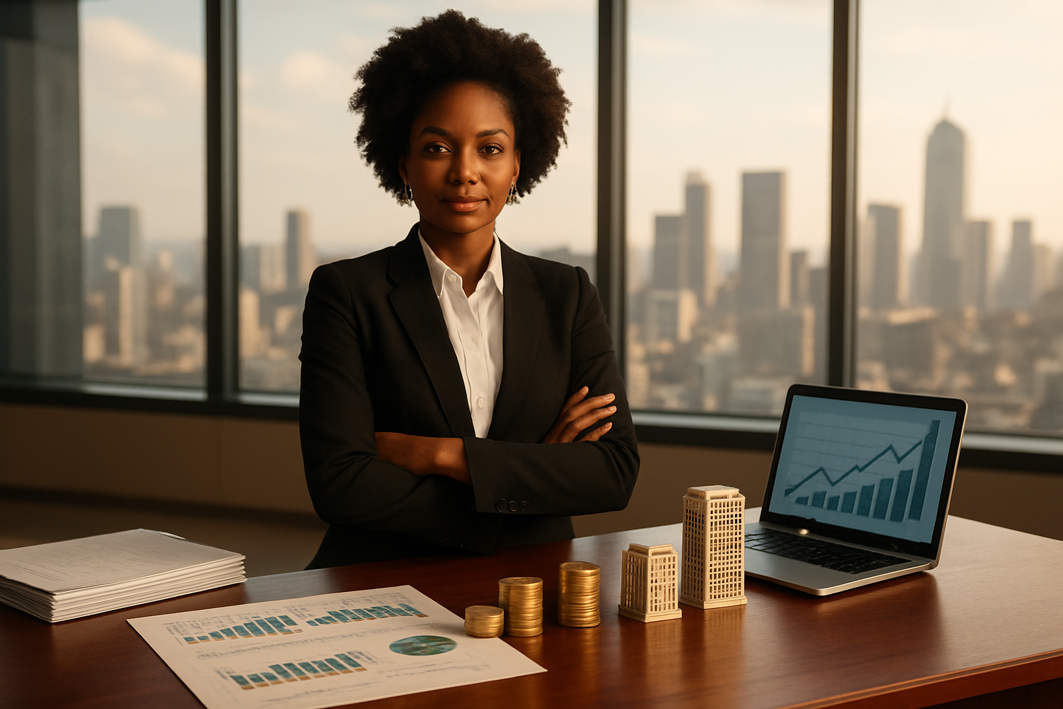 Create a realistic image of a confident Black female entrepreneur in a modern office setting, wearing professional business attire, standing behind an elegant mahogany desk with financial charts and business documents spread across it, surrounded by symbols of economic success including gold coins, miniature building models representing real estate investments, and a laptop displaying upward trending graphs, with floor-to-ceiling windows showing a city skyline in the background, warm natural lighting illuminating the scene, conveying power, success, and business acumen, absolutely NO text should be in the scene.