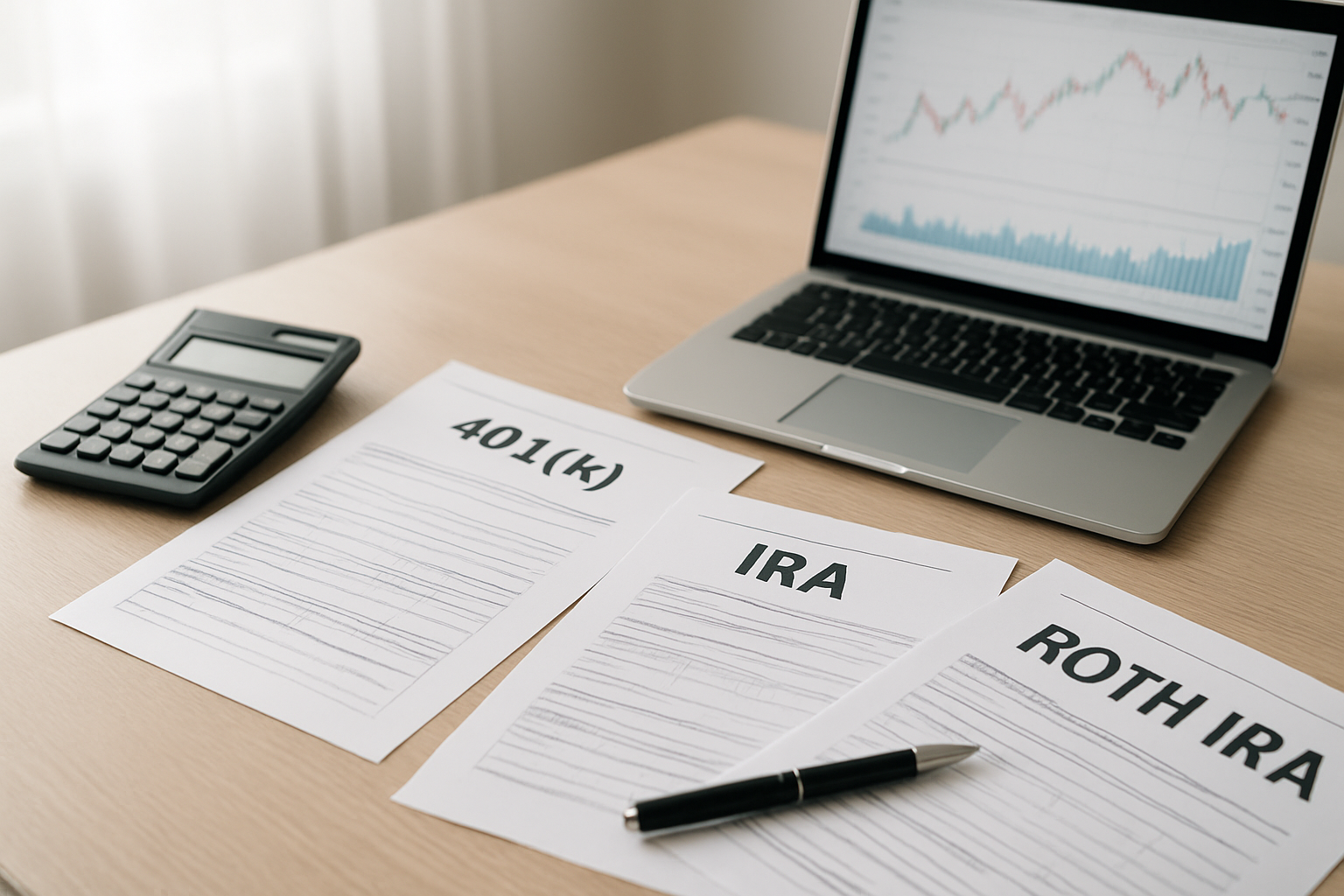 Create a realistic image of a modern office desk with multiple official tax-advantaged investment account documents spread out, including 401k, IRA, and Roth IRA forms, alongside a calculator, pen, and laptop computer showing financial charts, with a clean white background and soft natural lighting from a window, professional atmosphere suggesting careful financial planning and investment decision-making. Absolutely NO text should be in the scene.