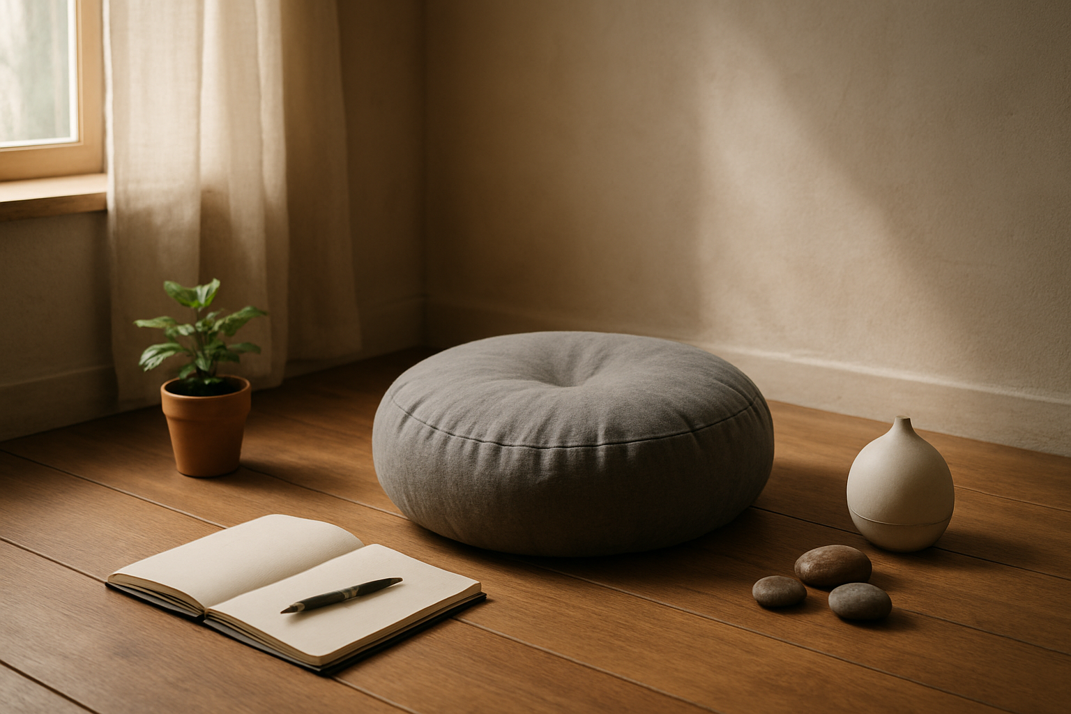 Create a realistic image of a serene indoor meditation space with soft natural lighting streaming through a window, featuring a comfortable meditation cushion on a wooden floor, surrounded by calming elements like a small potted plant, a journal with a pen nearby, and perhaps some smooth stones or a small essential oil diffuser, creating a peaceful atmosphere that promotes mental wellness and emotional balance, with warm earth tones and gentle shadows that evoke tranquility and mindfulness. Absolutely NO text should be in the scene.