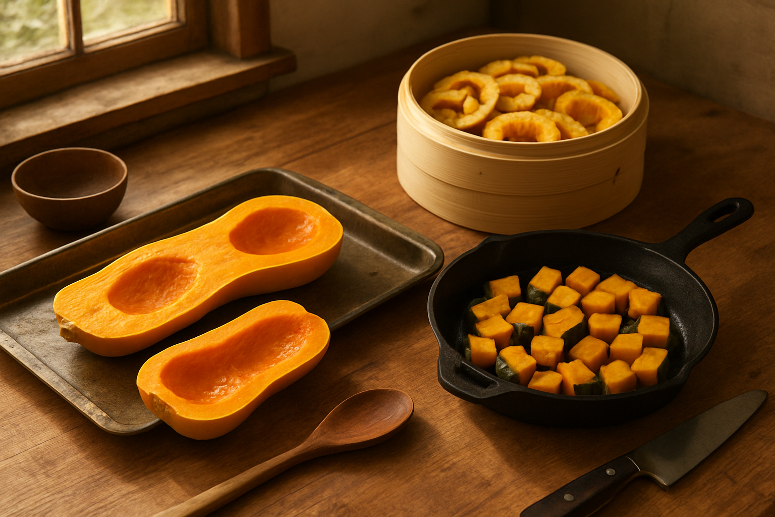 Create a realistic image of a rustic kitchen scene featuring multiple cooking methods for squash preparation, including halved butternut squash being roasted on a baking sheet, cubed acorn squash pieces sautéing in a cast iron skillet, and steamed delicata squash slices in a bamboo steamer, all arranged on a wooden kitchen counter with cooking utensils like a wooden spoon and chef's knife nearby, warm natural lighting streaming through a window creating soft shadows, cozy homestyle cooking atmosphere with earth-tone colors. Absolutely NO text should be in the scene.