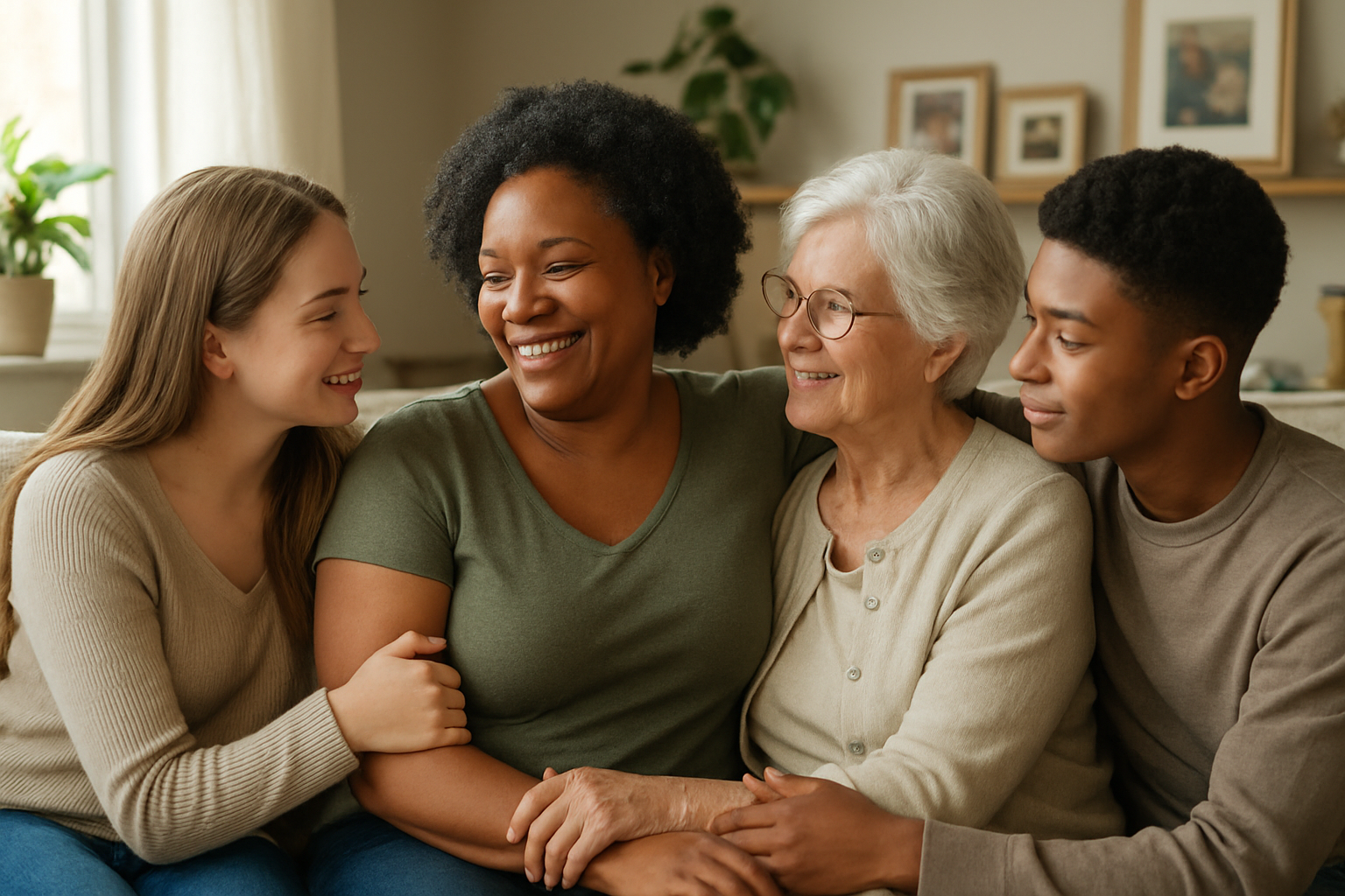 Create a realistic image of a diverse multigenerational scene showing a middle-aged black mother sitting on a comfortable couch surrounded by her family including an elderly white grandmother, a young adult white female, and a teenage black male, all engaged in warm conversation and gentle embracing gestures, with soft natural lighting streaming through a window, potted plants and family photos visible in the background, creating a warm and nurturing home environment that conveys love, wisdom, and emotional connection, shot with shallow depth of field to emphasize the intimate family moment, absolutely NO text should be in the scene.