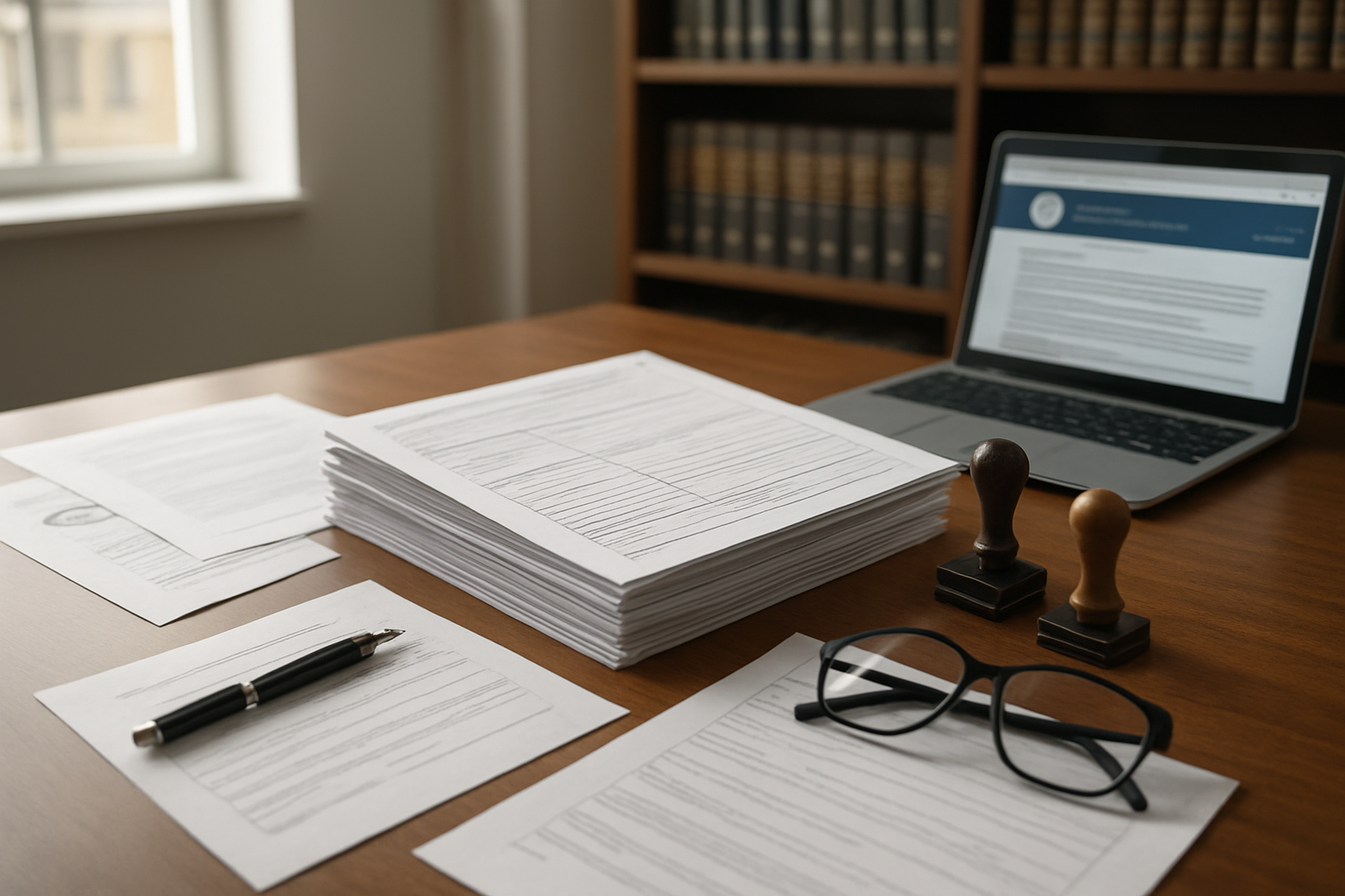 Create a realistic image of a professional office setting with official documents, permits, and legal paperwork spread across a wooden desk, featuring a stack of application forms, official government stamps, a pen, reading glasses, and a laptop computer showing a government website, with a clean modern office background including bookshelves with legal reference books, soft natural lighting from a window, conveying a serious business atmosphere focused on regulatory compliance and legal documentation, absolutely NO text should be in the scene.