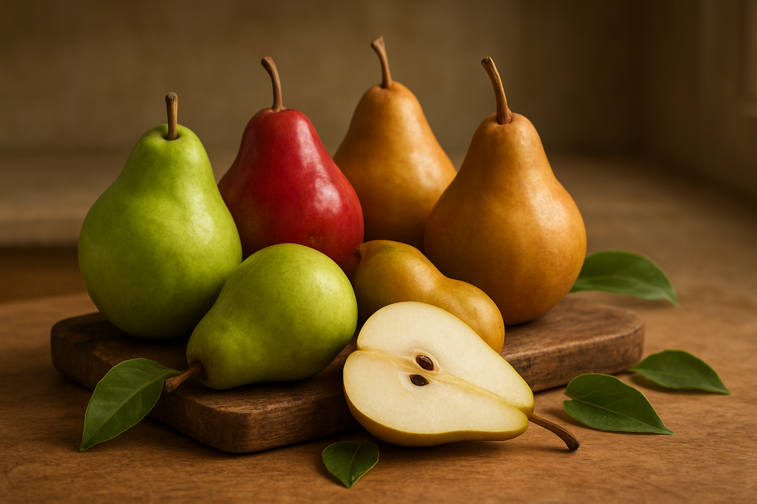 Create a realistic image of a beautiful assortment of fresh pears showcasing different varieties including green Anjou, red Bartlett, and golden Bosc pears arranged on a rustic wooden cutting board, with some whole pears and one pear cut in half revealing the juicy white flesh, surrounded by scattered pear leaves, set against a warm kitchen countertop background with soft natural lighting streaming from the side, creating gentle shadows and highlighting the smooth textures and vibrant colors of the fruits, conveying a sense of freshness and wholesome nutrition, absolutely NO text should be in the scene.