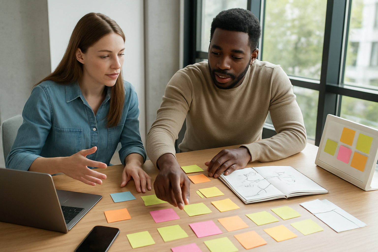 Create a realistic image of a diverse group planning session with a white female and black male sitting at a modern wooden table, surrounded by colorful sticky notes, a laptop, notebook with sketched diagrams showing branching paths and arrows, a smartphone, and flexible planning materials like erasable whiteboards and moveable calendar blocks, in a bright contemporary office space with large windows showing natural daylight, conveying an atmosphere of collaborative adaptability and dynamic goal-setting, with the subjects actively discussing and rearranging planning elements, absolutely NO text should be in the scene.