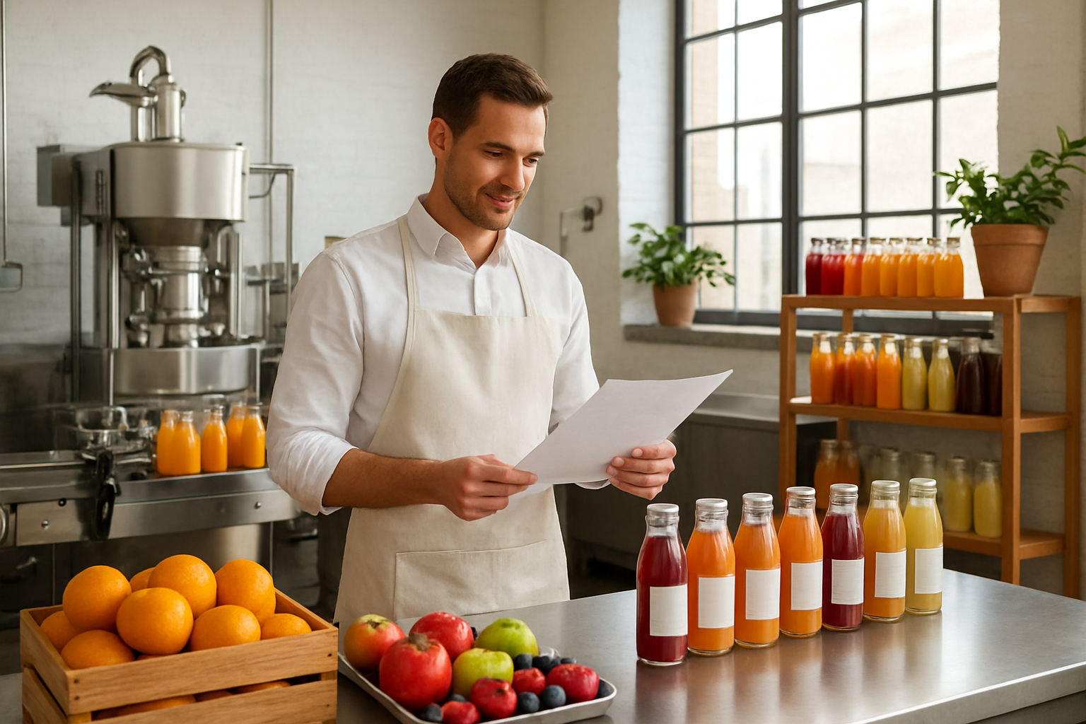 Create a realistic image of a successful fruit juice business setup showing a modern commercial kitchen with stainless steel juicing equipment and bottling machinery, fresh colorful fruits including oranges, apples, and berries arranged on clean countertops, filled glass bottles of various fruit juices with professional labels lined up on shelves, a white male entrepreneur in his 30s wearing a clean apron reviewing business documents while standing near the production area, bright natural lighting streaming through large windows creating a clean and professional atmosphere, potted plants and wooden crates adding warmth to the industrial setting, conveying achievement and business success, absolutely NO text should be in the scene.