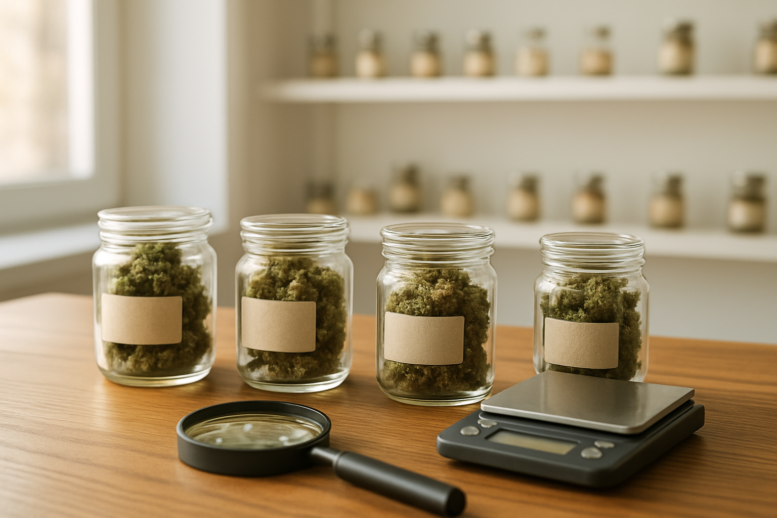 Create a realistic image of premium cannabis buds in small glass jars with handwritten labels on a wooden table in a modern dispensary setting, with soft natural lighting from a window, professional scale and magnifying glass nearby, clean white background walls with shelving displaying similar small-batch products, warm and professional atmosphere suggesting quality and craftsmanship, absolutely NO text should be in the scene.