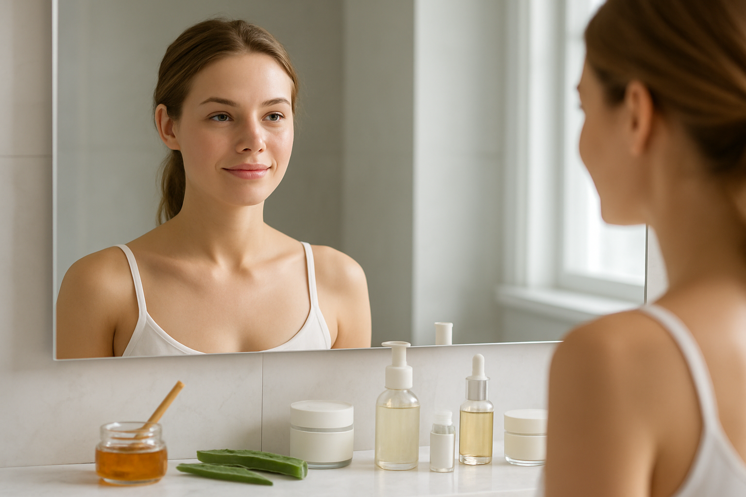 Create a realistic image of a white female in her mid-twenties with clear, healthy glowing skin looking confidently at herself in a modern bathroom mirror, surrounded by neatly arranged skincare products including serums, moisturizers, and natural ingredients like honey and aloe vera on a clean white marble countertop, with soft natural lighting streaming through a window creating a peaceful and optimistic atmosphere that represents successful completion of an at-home acne scar treatment journey, absolutely NO text should be in the scene.
