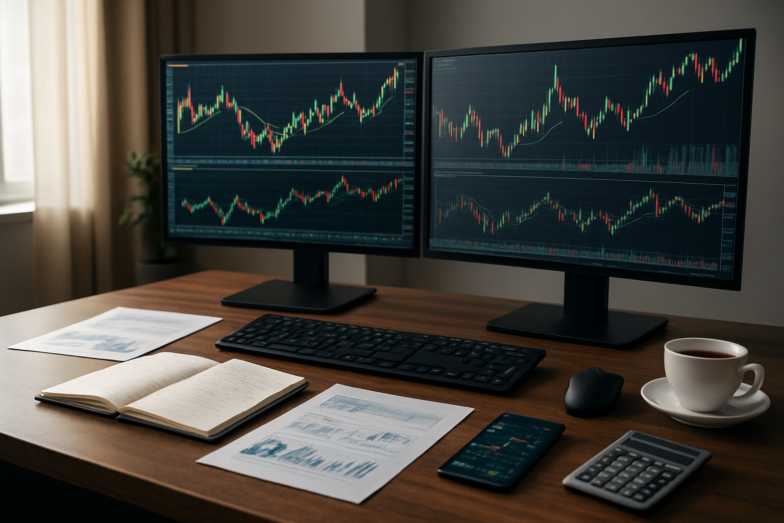 Create a realistic image of a modern trading desk setup with multiple computer monitors displaying colorful stock charts, candlestick patterns, and trading graphs, a sleek black keyboard and mouse, financial documents and notebooks scattered on the desk, a smartphone showing market data, a calculator, and a coffee cup, set against a professional office environment with soft natural lighting from a window, creating a focused and analytical atmosphere that represents stock trading fundamentals and profit analysis, absolutely NO text should be in the scene.