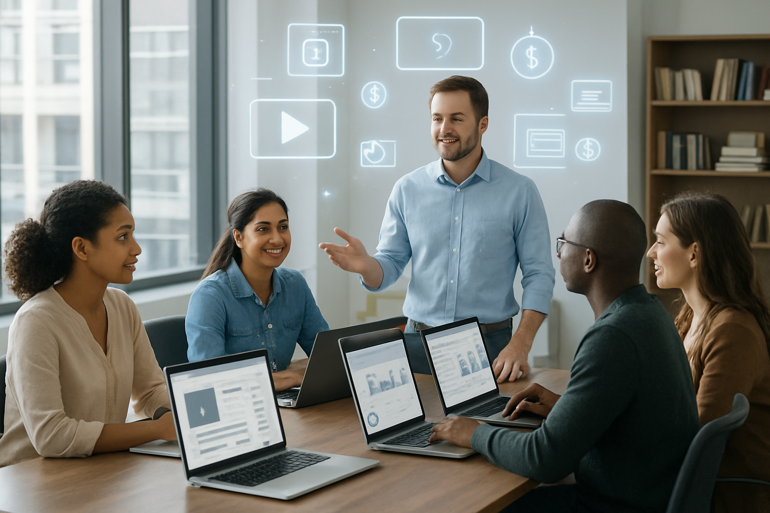 Create a realistic image of a diverse group of online entrepreneurs sitting around a modern conference table with laptops open, showing course creation interfaces and dashboard analytics on their screens, with a white male instructor standing and presenting to the group, surrounded by floating holographic icons representing digital course elements like video play buttons, certificate symbols, and dollar signs, set in a bright modern office space with large windows and natural lighting, conveying an atmosphere of success and learning, with stacks of books and educational materials visible on shelves in the background, absolutely NO text should be in the scene.